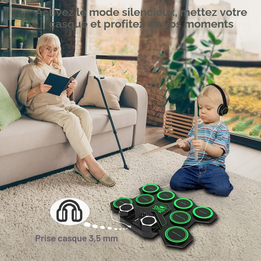CNAPXAIA Kit de Batterie Électrique - 9 Pads Portatif E-Drum Set avec Haut-Parleur Intégré/Pédales/Baguettes, Batterie Bebe Musique Instrument pour Enfants, Fêtes, Anniversaires et Cadeaux