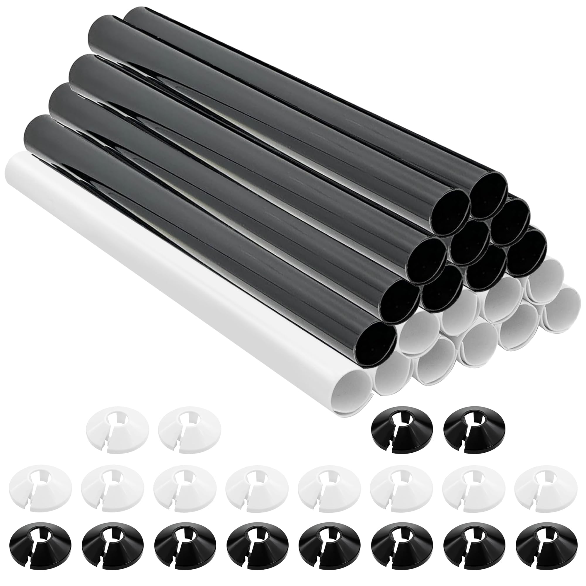 20 PCS Radiator Pipe Covers and Pipe Collars Black and White 200mm x 15mm Pipe Snap On PVC Plastic Radiator Caps 15mm Pipe Covers Thickened Radiator Sleeves