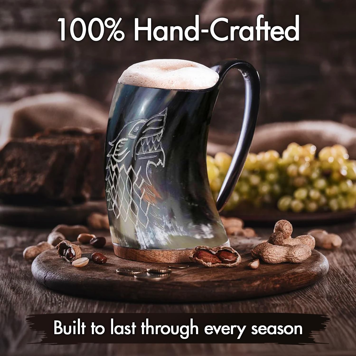Viking Horn Mug With Gift Bag - Food Grade Medieval Style Man's Beer & Mead Cup (The Wolf/Fenrir-Engraved Polished)