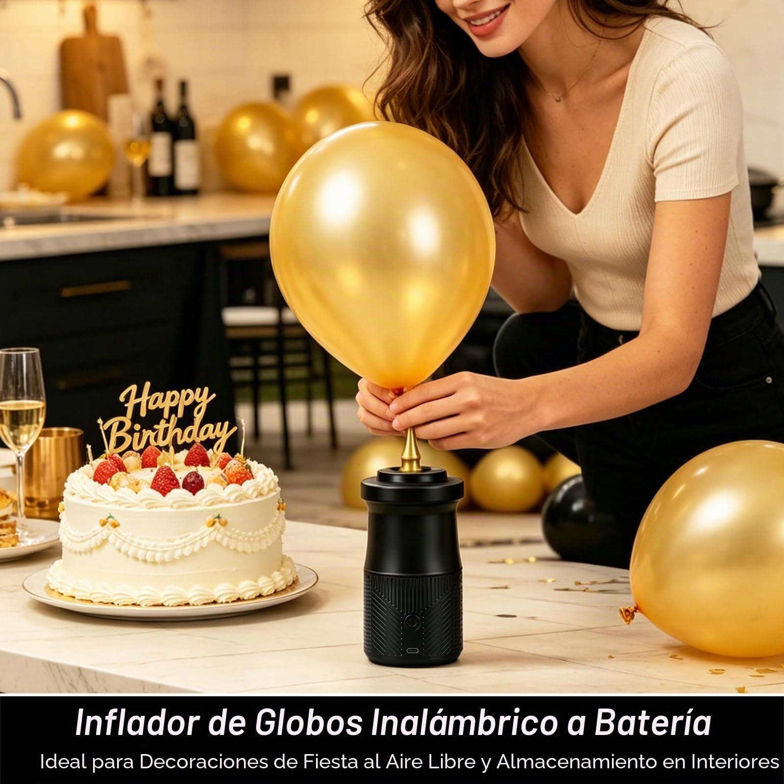 Inflador Globos Eléctrico Portátil, Hinchador Globos Electrico con Batería de 2000 mAh y 3 Boquillas, Bomba Aire Globo Eléctrica para Fiestas Bodas Cumpleaños Actividades y Decoración Festivales
