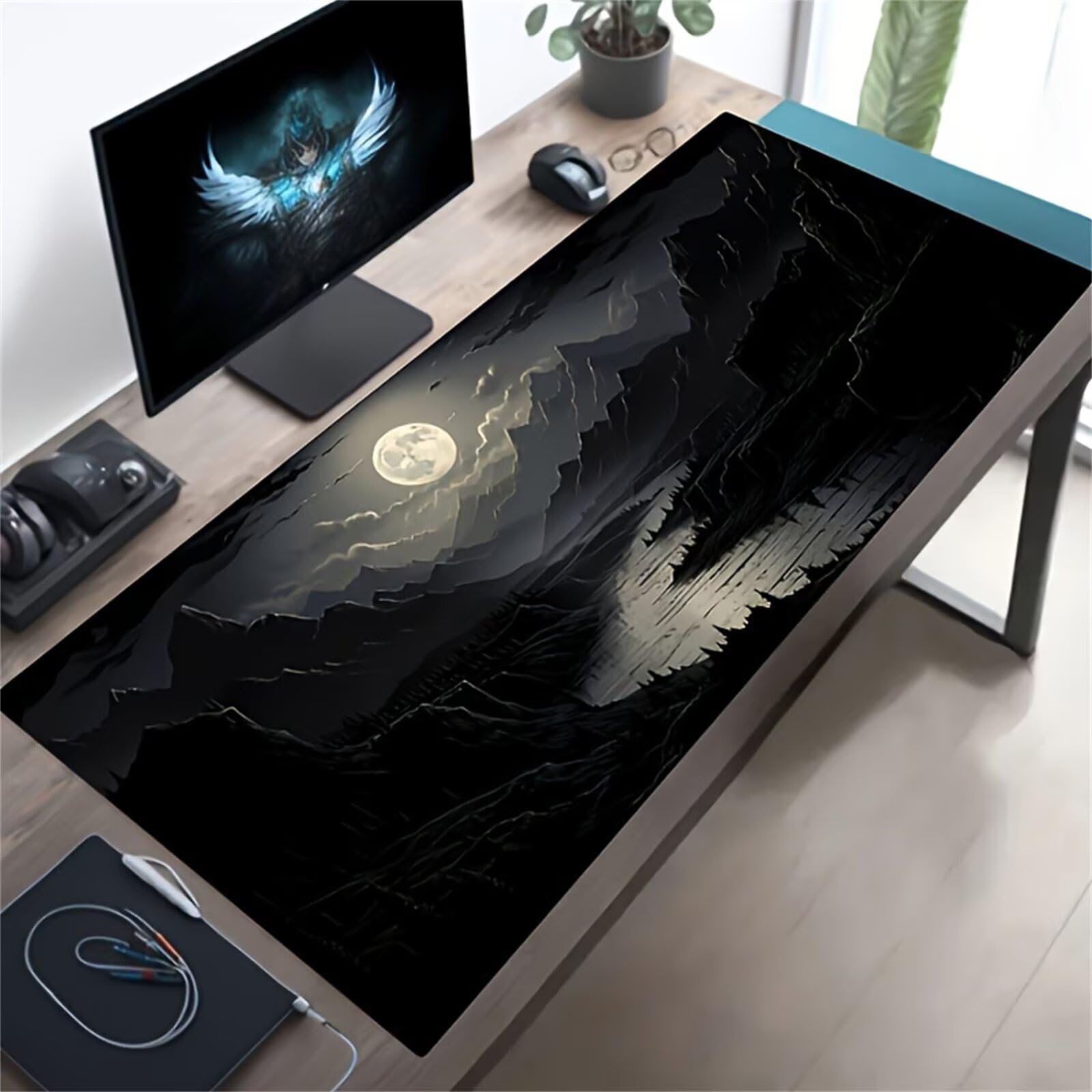 Tappetino Mouse Gaming XXL 1200x600x3 mm, Tappetino da Scrivania Grande, con Bordi Cuciti Rinforzati, Base in Gomma Antiscivolo, Tappetino per Tastiera Lavabile per PC e Laptop, Fiumi Montagne Luna