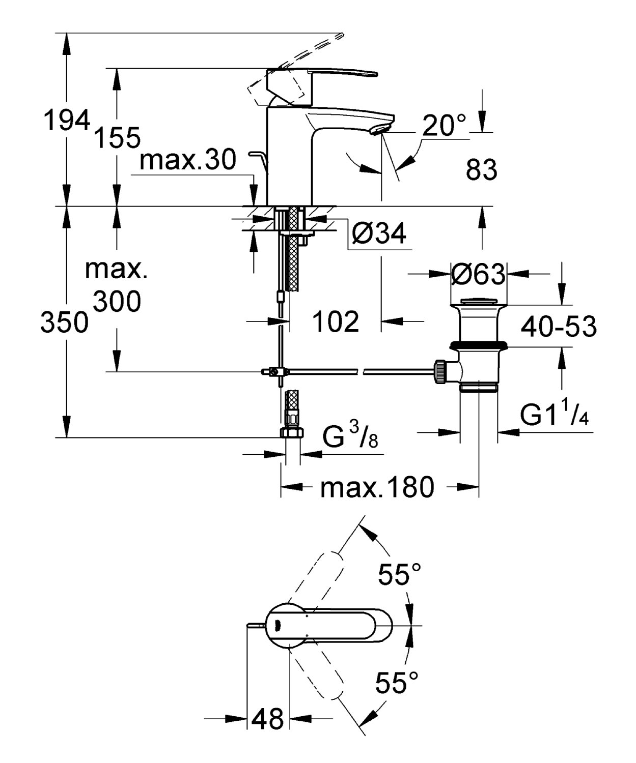 GROHE Wave Cosmopolitan, Waschtischarmatur (mit Zugstangen-Ablauf, Wasserhahn für das Bad, langlebige Oberfläche, einfache Installation), chrom, 23202000