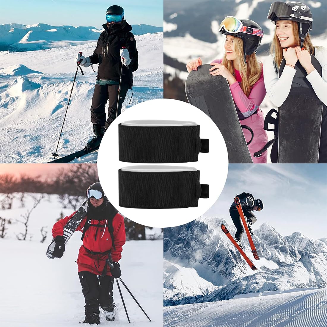4 pièces Attache Ski Sangle Porte Ski Sangles de Ski Bandoulières de Ski Réglables Bande de Fixation de Ski pour Familles Attache Ski Scratch