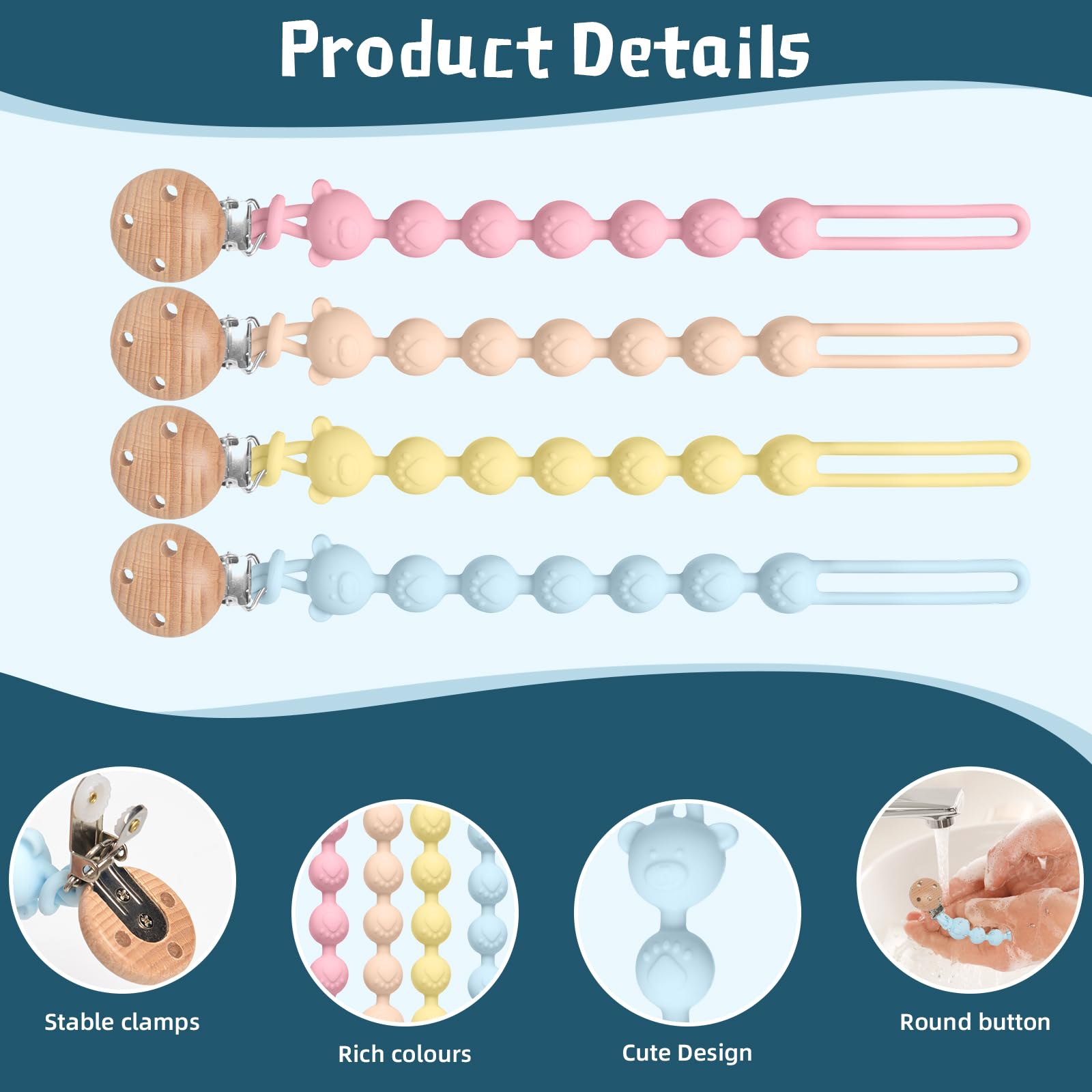 4 catenelle per ciuccio, in silicone, flessibilità, facile da pulire, catena per ciuccio e massaggiagengive 2 in 1, design 2 in 1, catenella per ciuccio, in legno, portabilità, aiuto dentale per