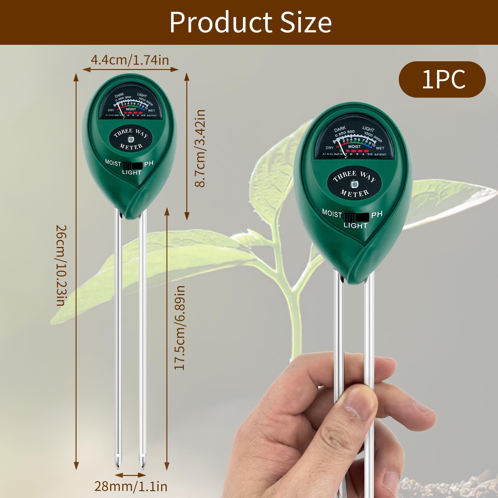 Medidor de pH 3 en 1 para medir la humedad del suelo, medidor de luz solar del suelo, indicador de riego de plantas, kit de prueba de suelo para jardín, granja, kit de prueba de suelo preciso