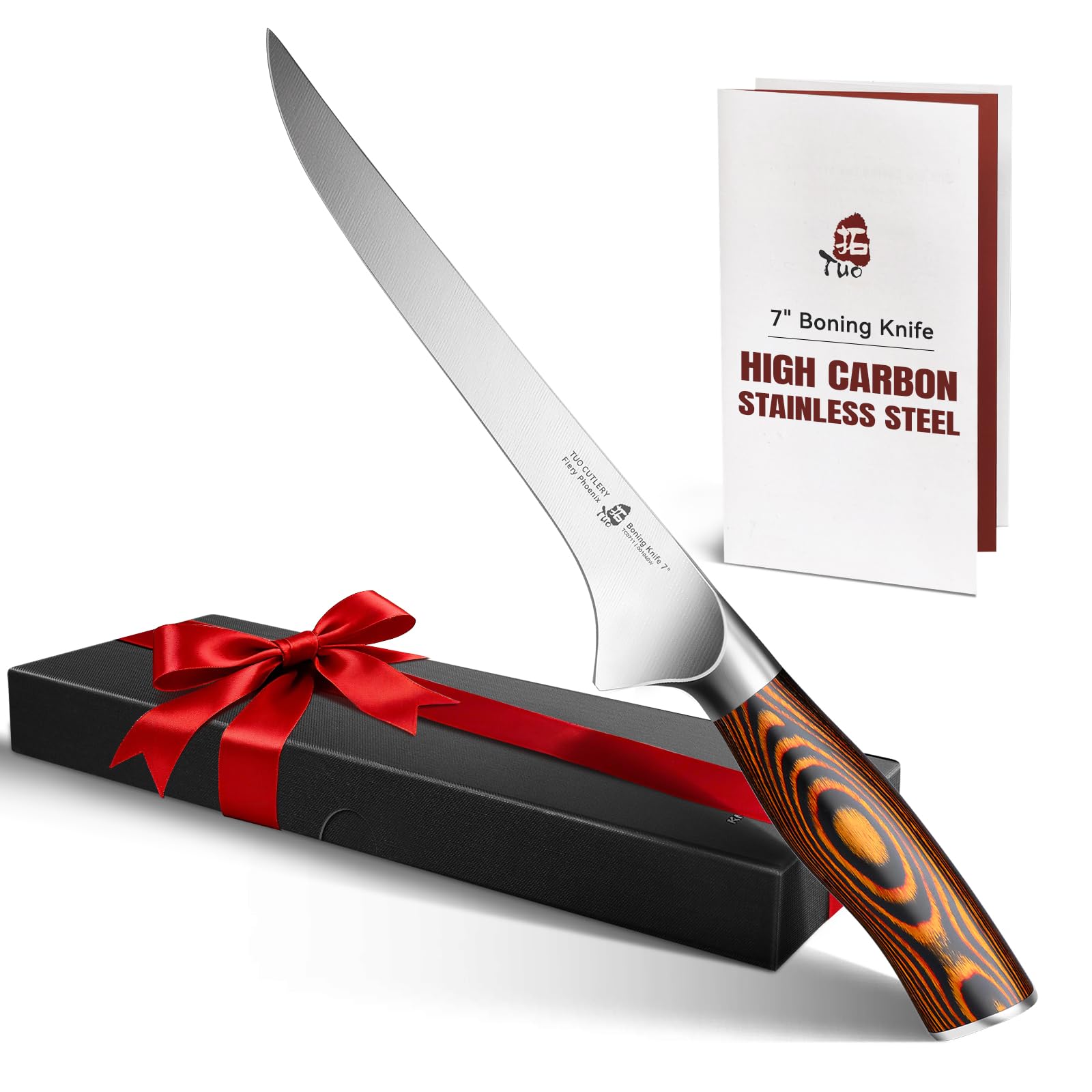 TUO Boning Knife 7 inch Flexible Fish Fillet Knife German High Carbon Stainless Steel with Ergonomic Pakkawood Handle-Fiery Phoenix Series