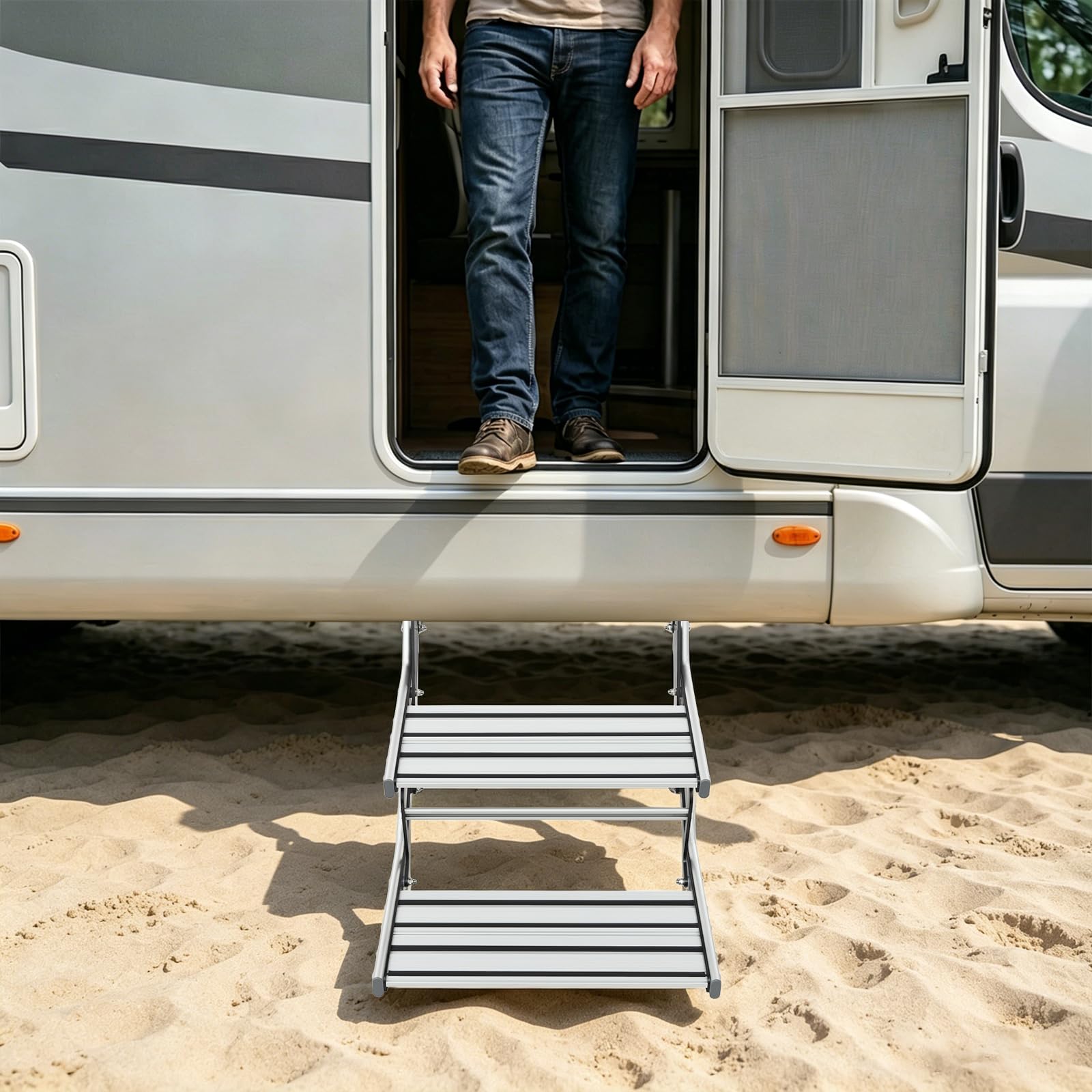 Escalera manual plegable de aluminio para caravana y barco (2 peldaños)