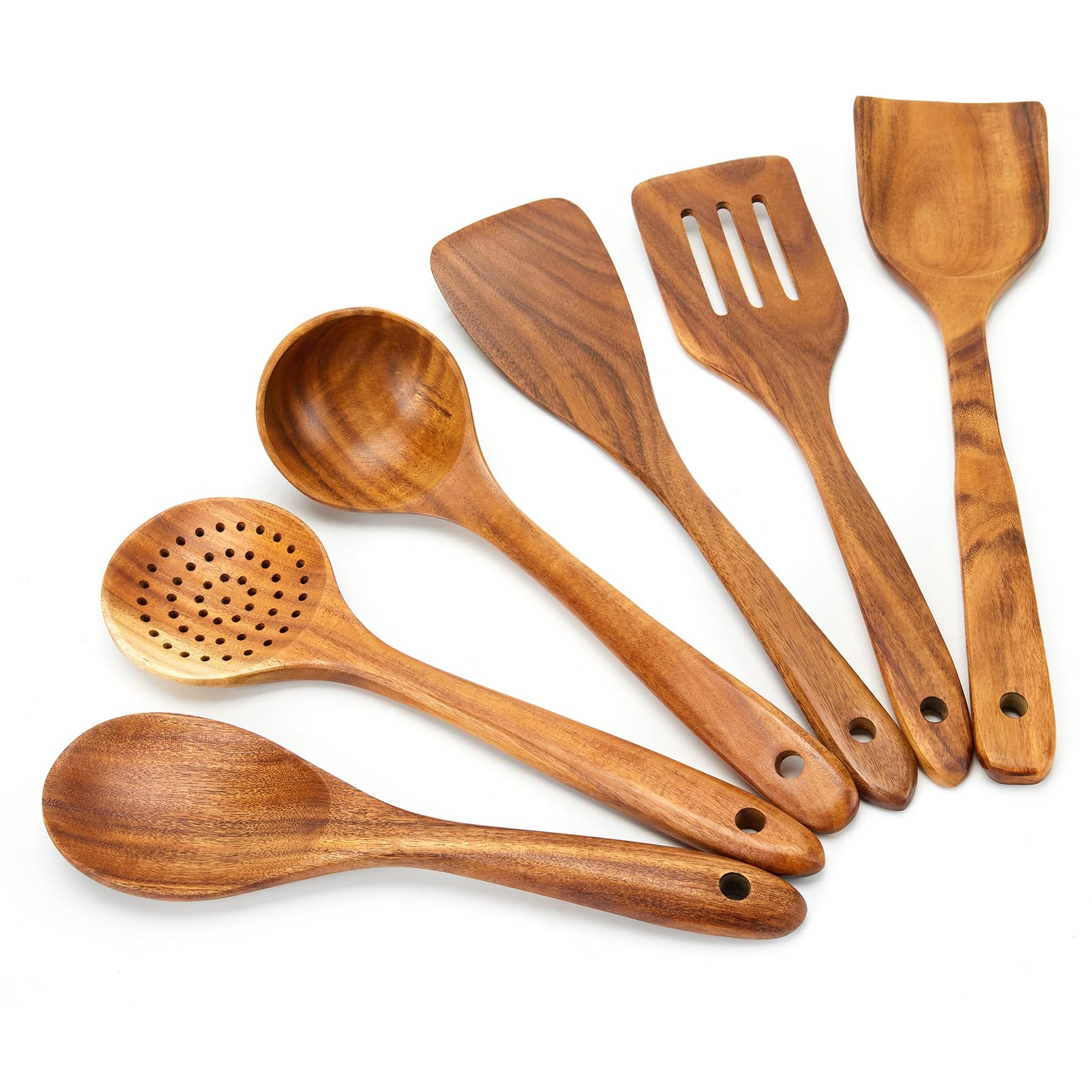 EZuncle 6 Piece Wooden Cooking Spoon Set - Ideal For Non-Stick Pans, Heat Resistant Solid Wood, Smooth Teak Cutlery For a Comfortable grip - Lightweight and Durable - Easy to Clean(6 PCS Large)