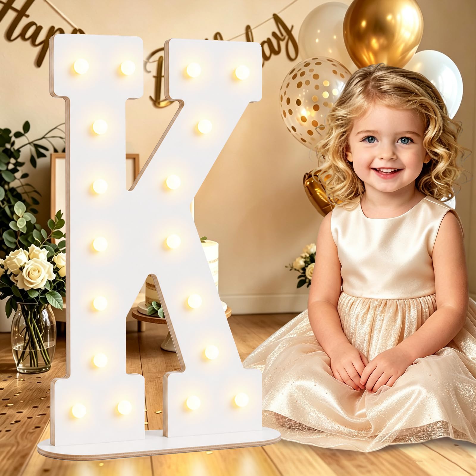 Large 44CM White Wooden Light Up Letters K for Birthday Party Decorations