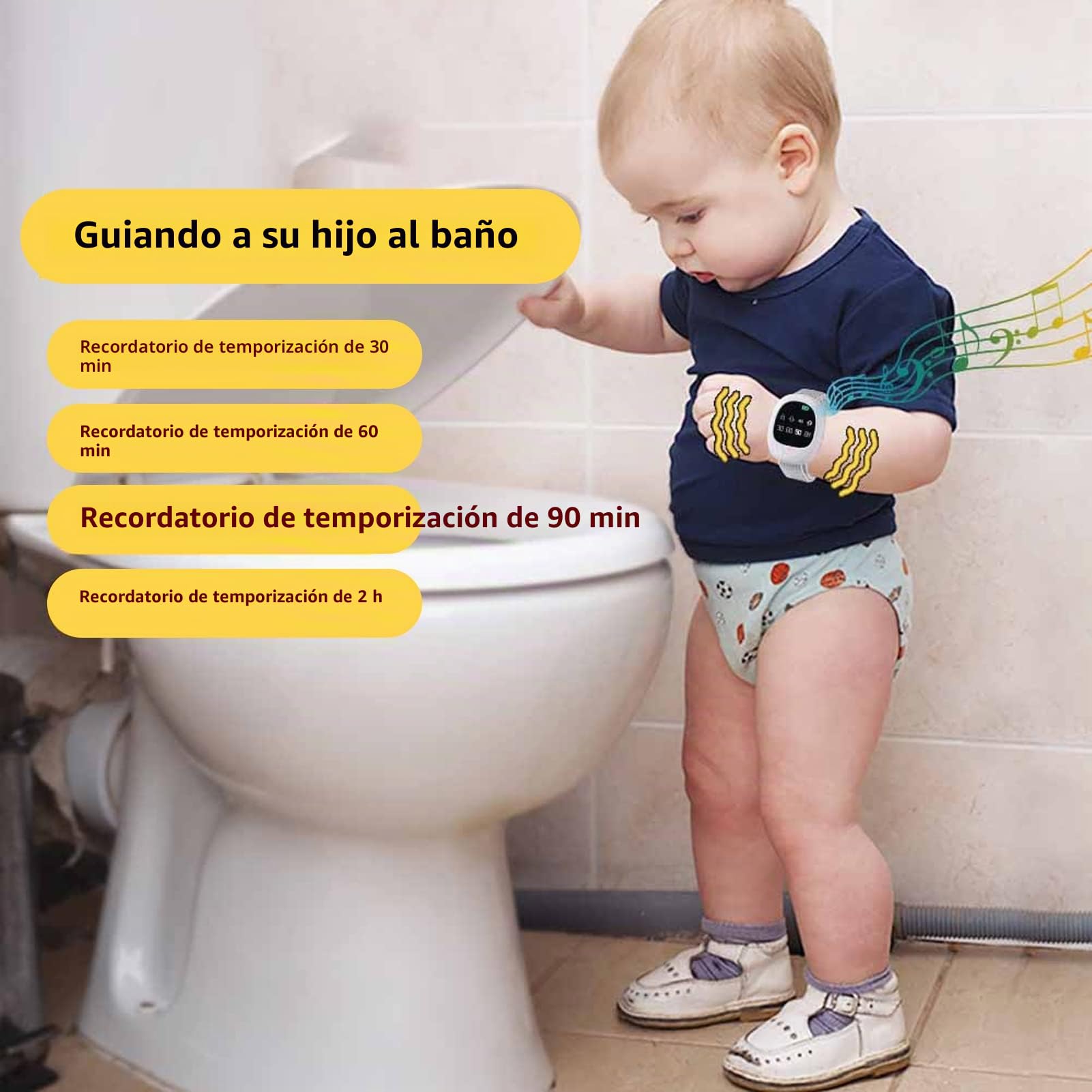 Alarma inalámbrica para la enuresis nocturna: recordatorio con música y vibración con 4 ajustes de tiempo para niños y ancianos. Correa ajustable y tarjeta de registro de motivación.