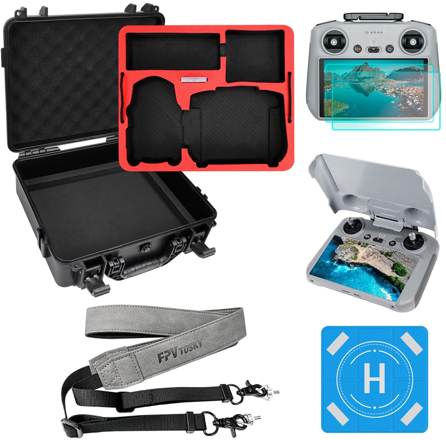 FPVtosky Drone Mini 4 Pro Accessori 5-IN-1 Kit, doppio strato Mini 4 Pro Case, Pad di atterraggio, cordino, protezione dello schermo, copertura parasole per DJI Min 4 Pro