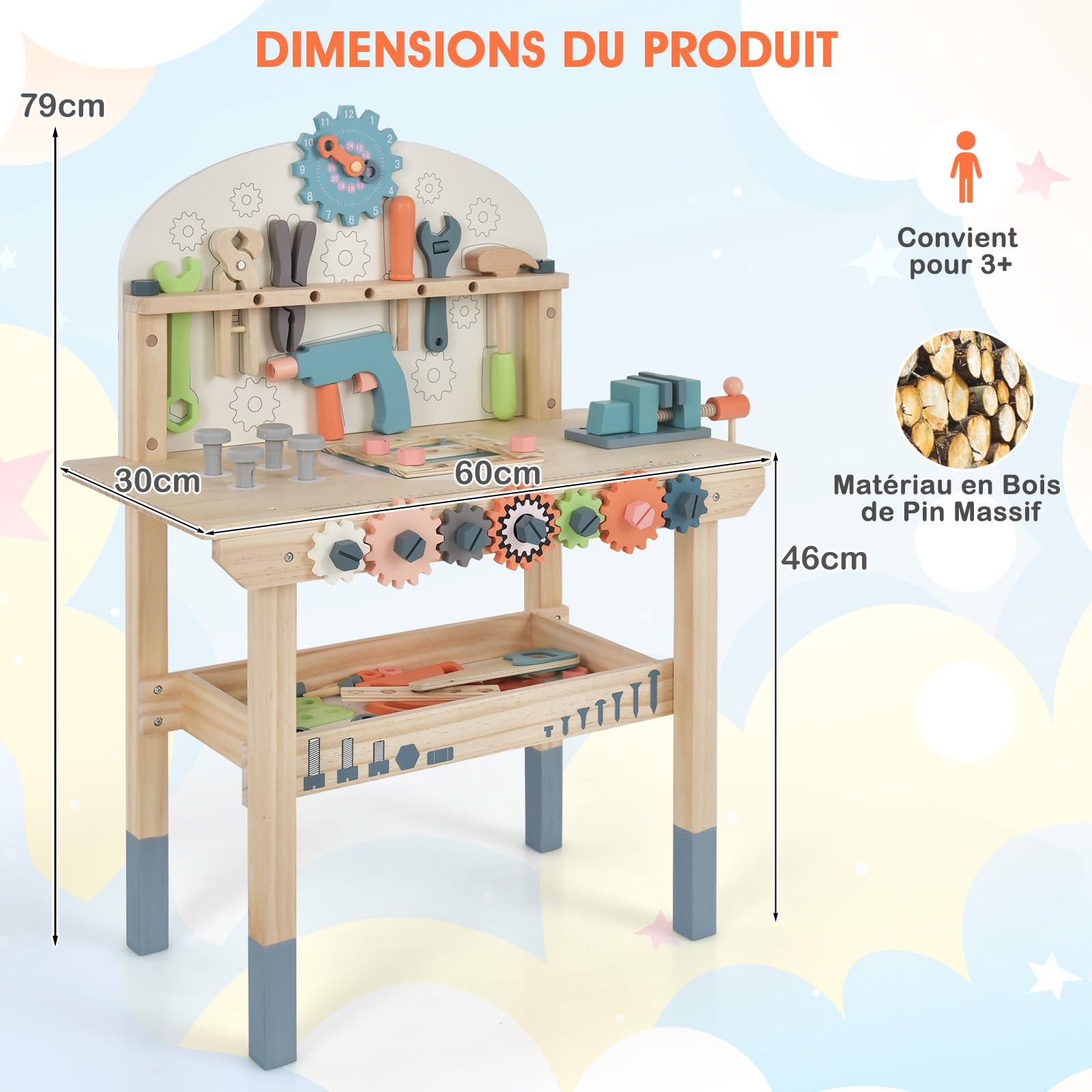 GOPLUS - Juguete de banco para niños, juego de imitación con 53 piezas, accesorios multicolor, banco de madera con estante de almacenamiento, juguete educativo para niños y niñas de 3 años