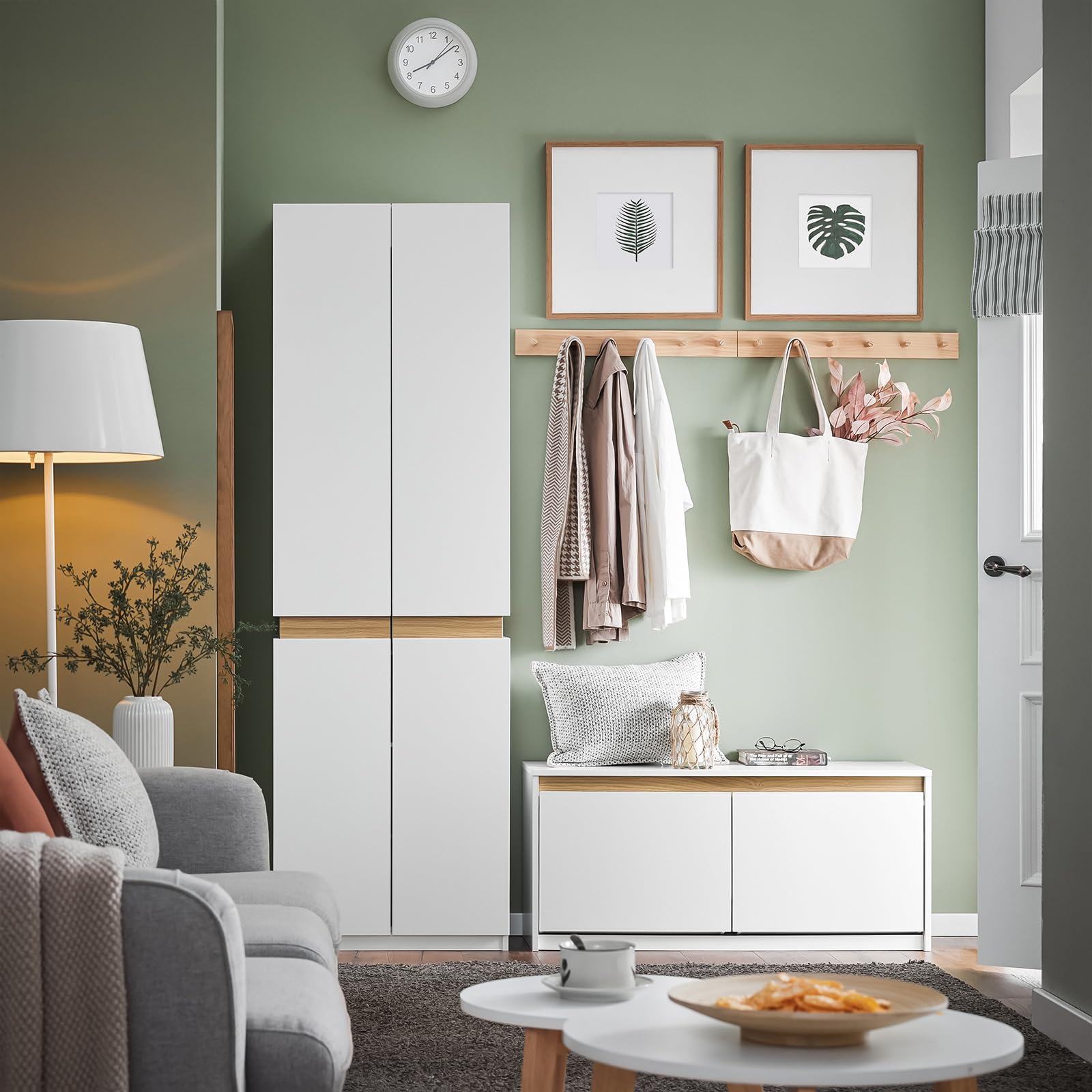 SoBuy Armadio Guardaroba Salvaspazio 2 Ante – Scarpiera Alta Ingresso con Appendiabiti e Ripiani – Mobile Multiuso per Cameretta, Camera da Letto – Bianco 61x30x192cm – KSB01-W