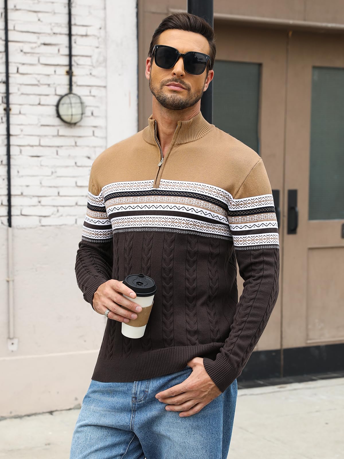 Genfien Pull Homme en Tricoté 1/4 Zip Pullover Sweater Pull d'hiver Manches Longues Chaudes Pulls pour Homme Tricoté Pull Chandails de Noël pour Hommes