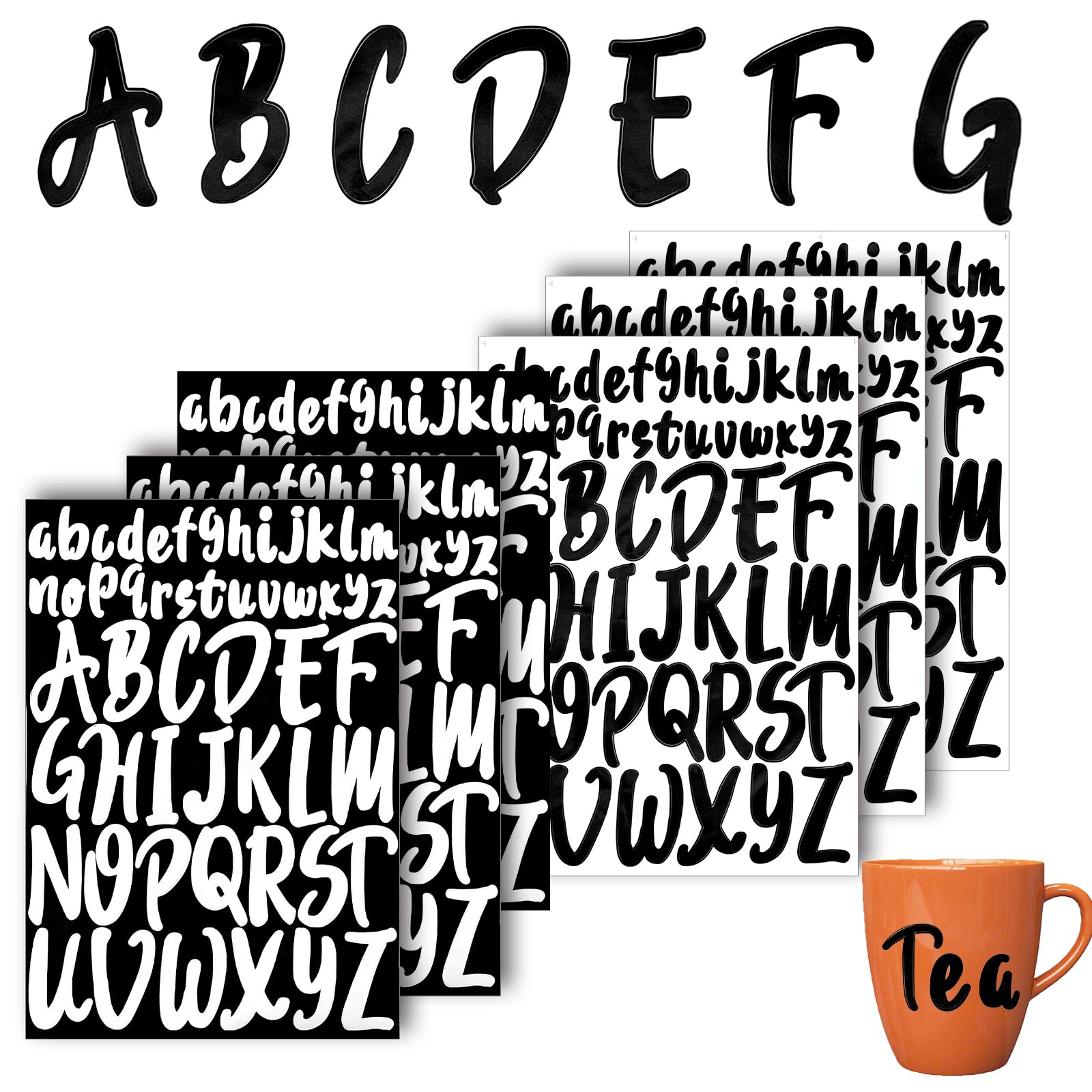 SwirlColor Letras Adhesivas Grandes y Pequeñas, 6 Pegatinas Pegatinas Vinilo Letras Impermeable Pegatinas de Vinilo del Alfabeto para Carteles Portafolios Coches de Maleta (Negros y Blancos)
