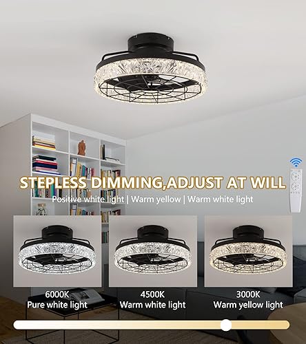 Miniatura 6 de Q&S Modern Ceiling Fan with Lights,Low Profile Enclose Black Cage Semi Flush Mount Crystal Ceiling Fans with Remote 6 Speeds 3 Colors Dimmable LED