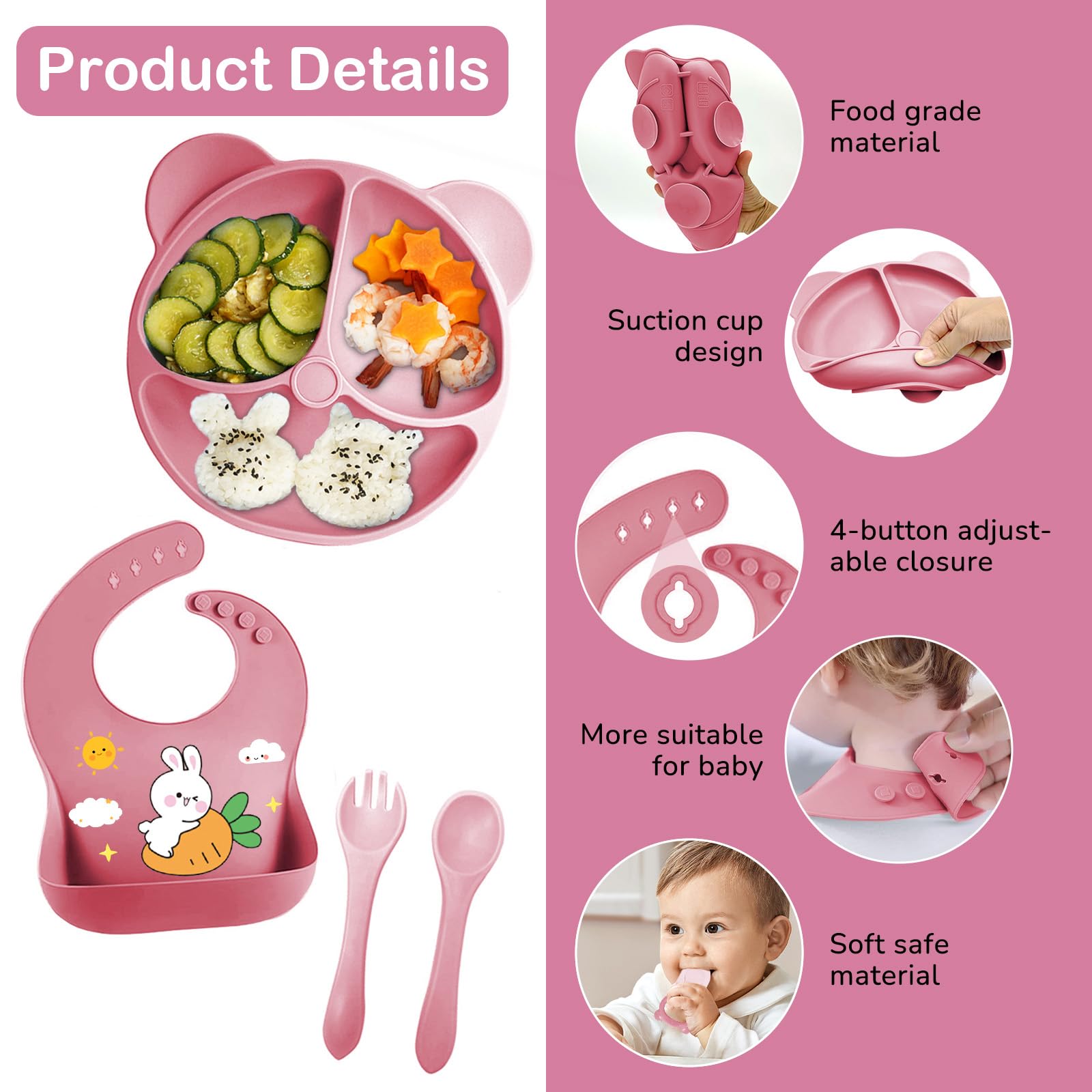 Coffret Repas Bebe 11 pièces, Vaisselle Antiderapant pour Bébé Set Silicone avec Ventouse Assiette Bol Fourche Cuillère Bavoir et Tasse, Enfant Set Couverts Vaisselle Pour Sevrage Manger (Rose foncé)