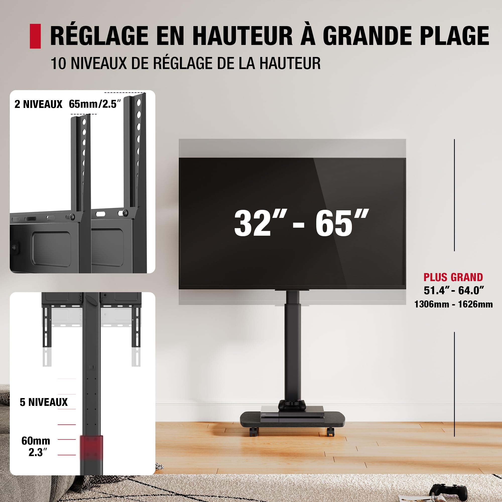 AOKCOS Support TV roulettes avec Base en Bois pour TV de 32-65 Pouces Horizontal et Vertical-Support TV sur Pied Plus Haut 1306-1626 MM Inclinaison 12° jusqu'à 35 KG Max. VESA 400x400mm