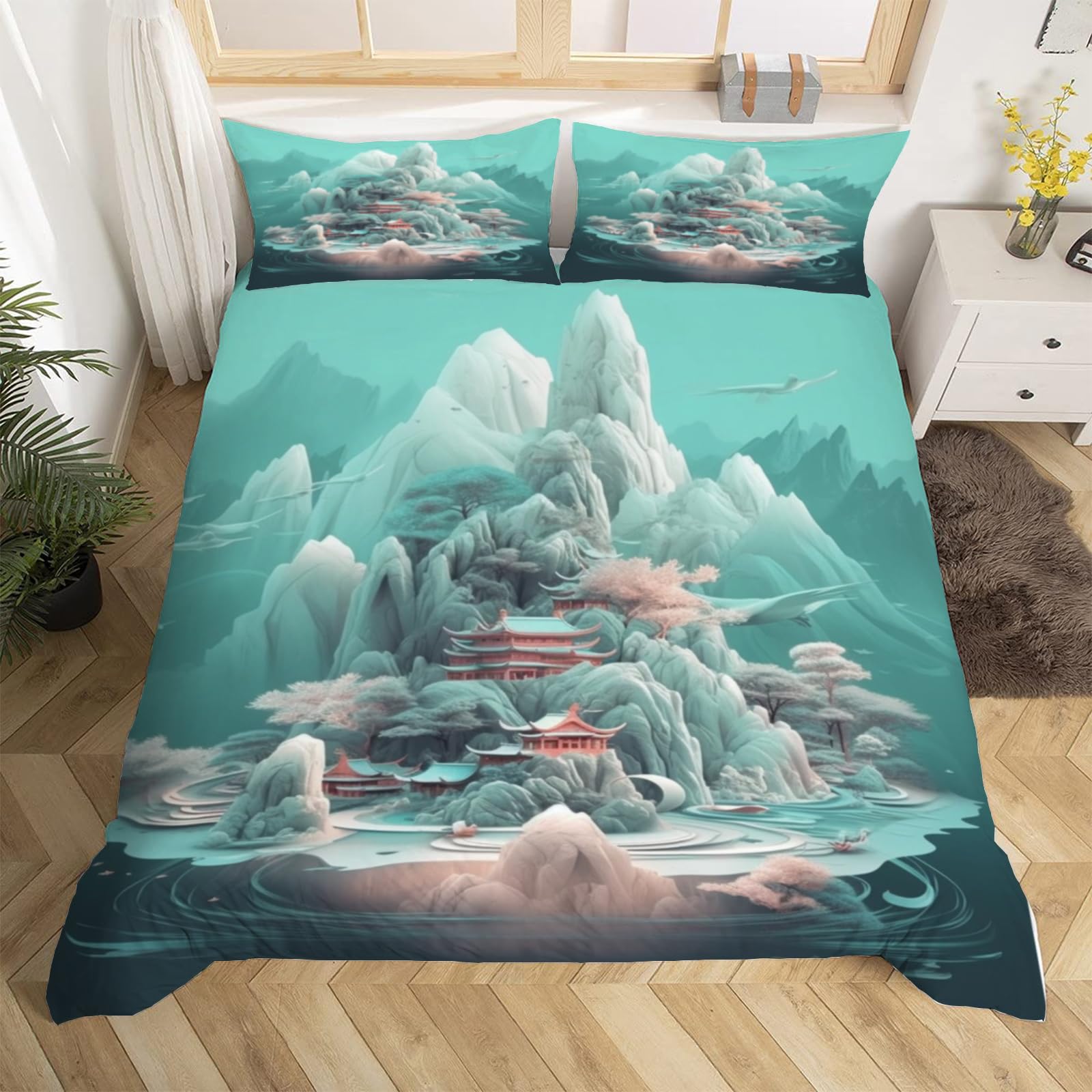 Housse de couette 240 x 260 peinture chinoise 3D parure lit 2 personnes