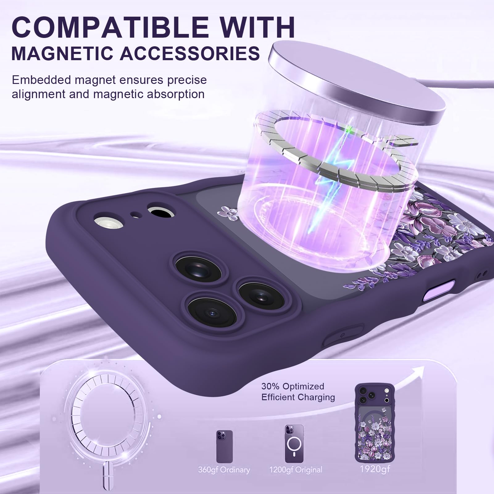 Custodia magnetica per iPhone 17 Pro ondulata da donna, viola scuro | [Compatibile con MagSafe] pittura a olio fiore con bordo ondulato, protezione completa della fotocamera, antiscivolo
