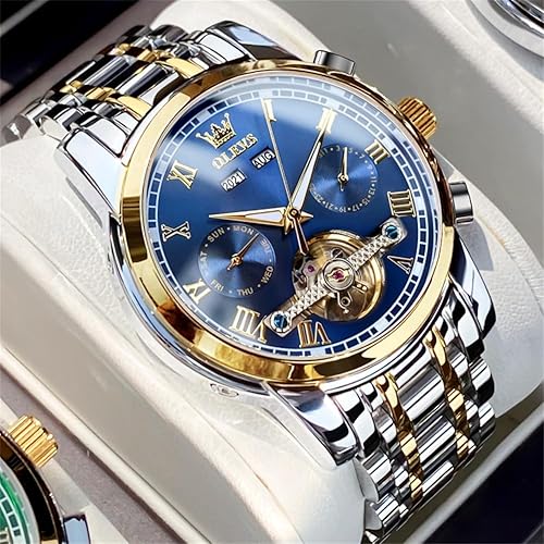 Miniatura 2 de OLEVS Reloj automático para hombre, cuerda automática, mecánica, de lujo, de acero inoxidable, multicalendario, impermeable, luminoso, reloj de