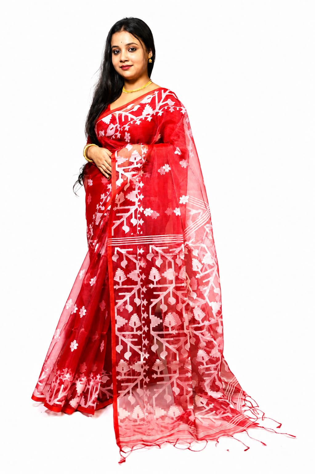 Women`s Pure Soft Dhakai Jamdani muslin Cotton silk colour Red saree for wedding, Function Trendy Saree Party, wear Fancy Georgette work |saree for Women | New Sari Latest sarees-picture-48