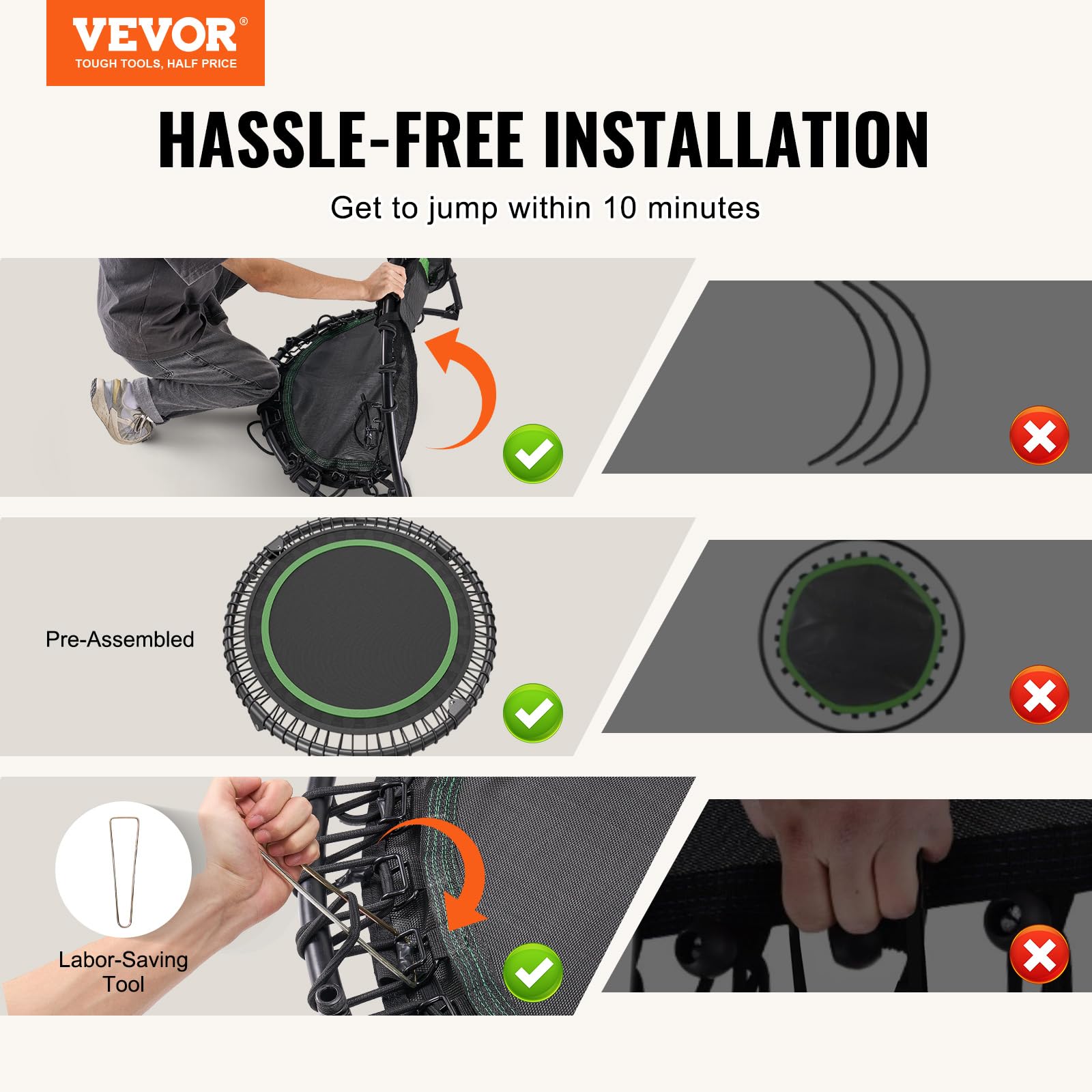 VEVOR Mini Trampolino Pieghevole Fitness 1027 mm, Capacità di Peso 150 kg, Trampolino Elastico per Adulti per Allenamento in Interni/Giardino, Nero e Verde