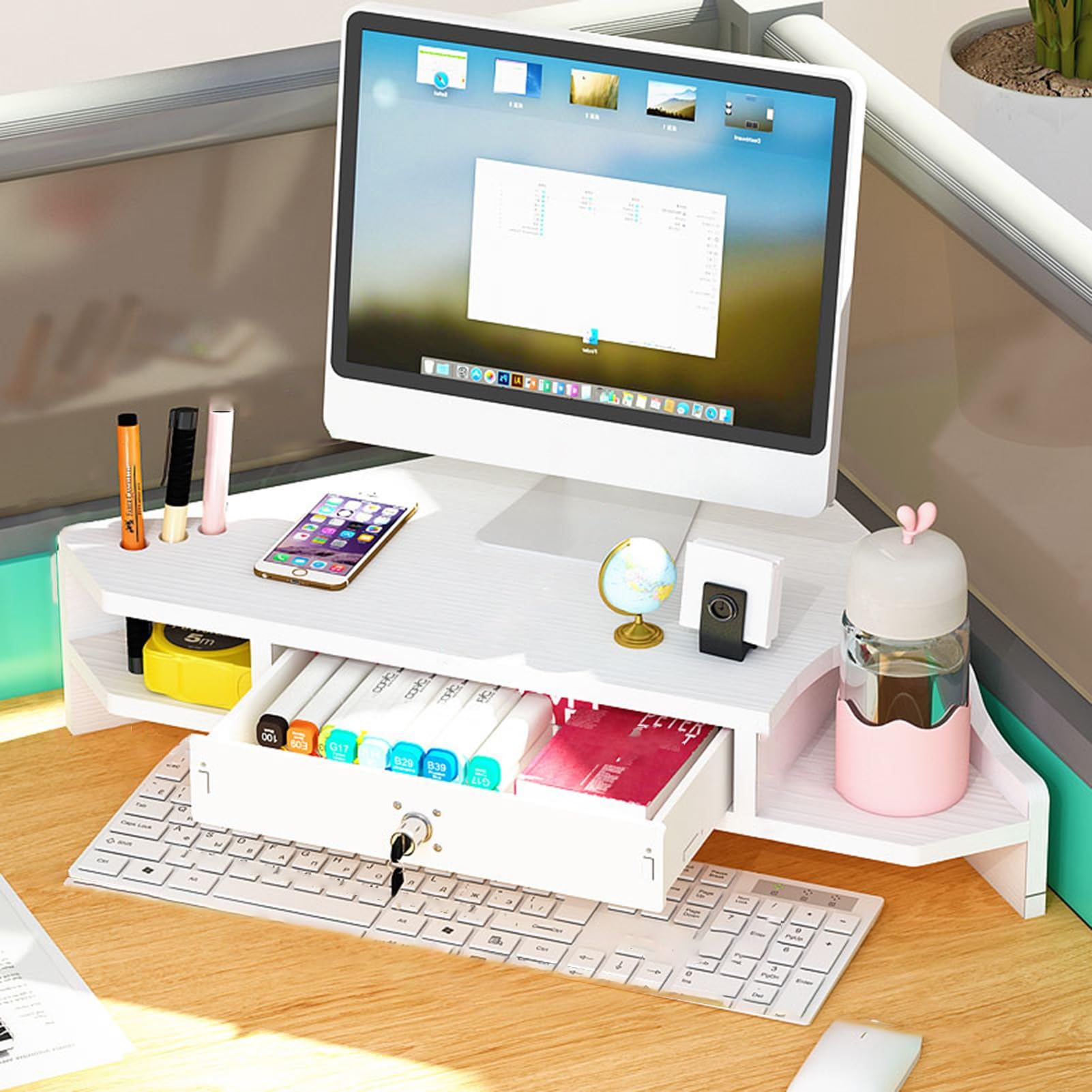 SDGcfgjW corner desks， Desktop Organizer Computer Monitor Stand Laptop Riser, 2 Tier Triangle Screen Risers for PC/TV/Tablet(White)