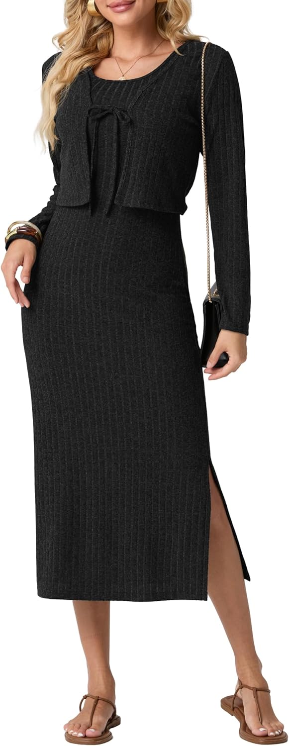 GRECERELLE Womens Dress Cardigan Set 2 Piece Outfit Ribbed Knit : Long Sleeve Midi Spaghetti Strap Dresses with Side Slit & Cropped Tie Front Long Sleeve Cardigan Shrugs Tops