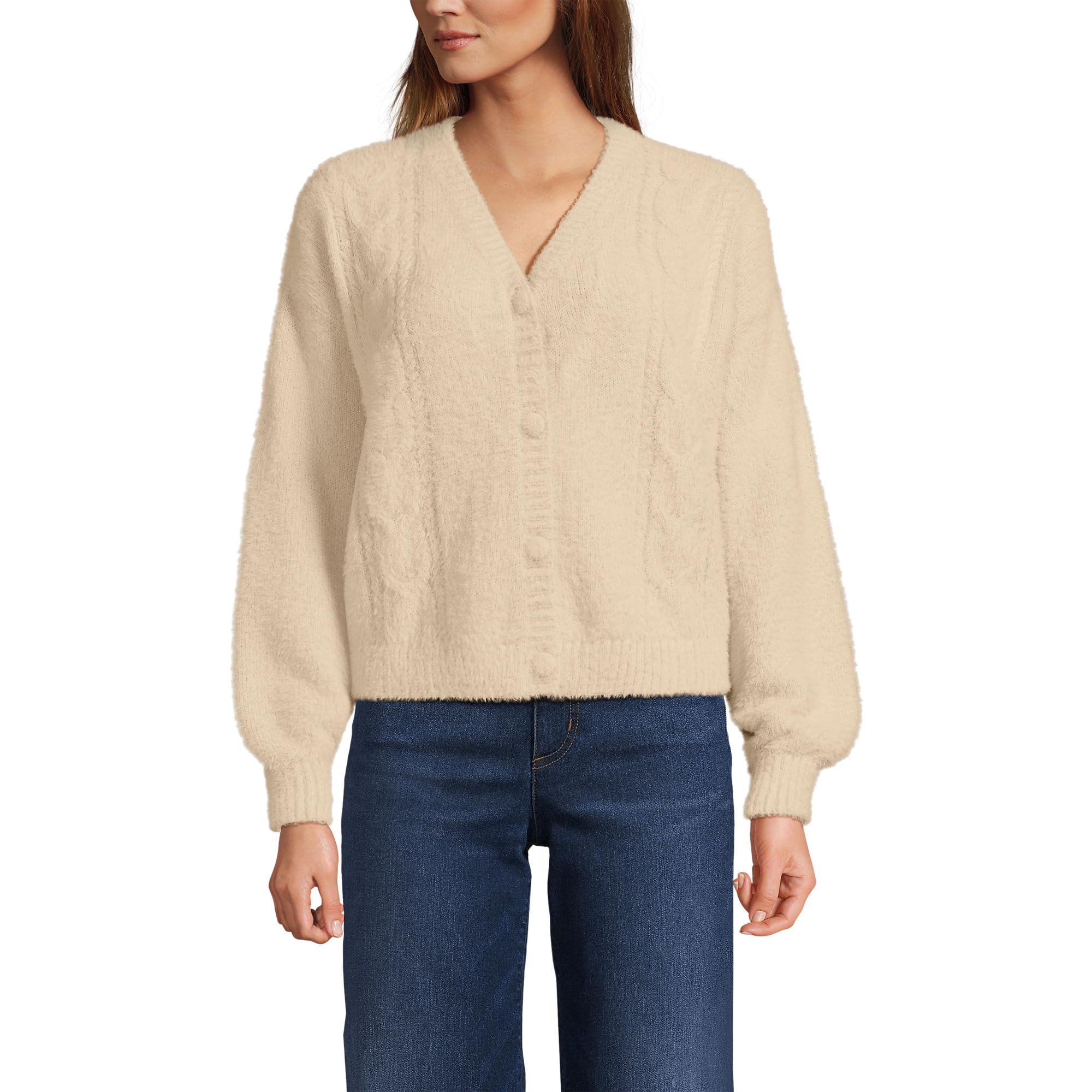 Lands End Womens Fuzzy Eyelash Cable Cardigan Sweater