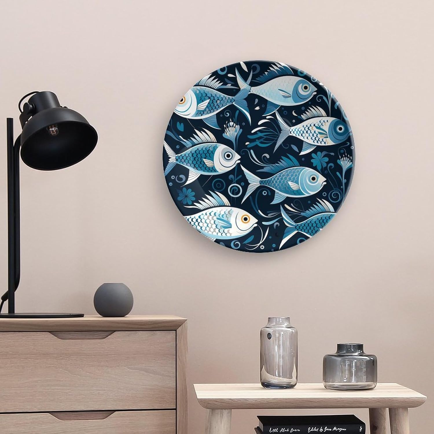 Bone China Decorative Plates Cartoon Fish Print Ceramic Decorative Plate Wall Decor with Display Stand Ceramic Ornaments for Wall Hanging Decoration