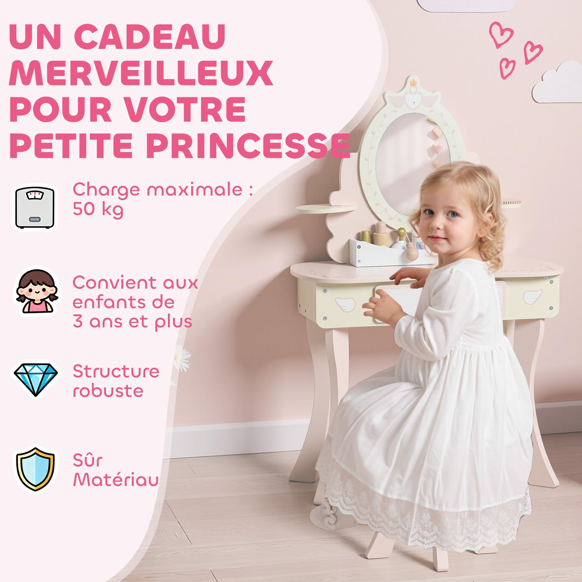 AIYAPLAY Coiffeuse Enfant Fille 2 en 1 avec 7 Accessoires de Jeu, Table de Maquillage avec Miroir en Acrylique, Tabouret, tiroir et Compartiment Ouvert, 59,8 x 29,6 x 89,8 cm, Rose