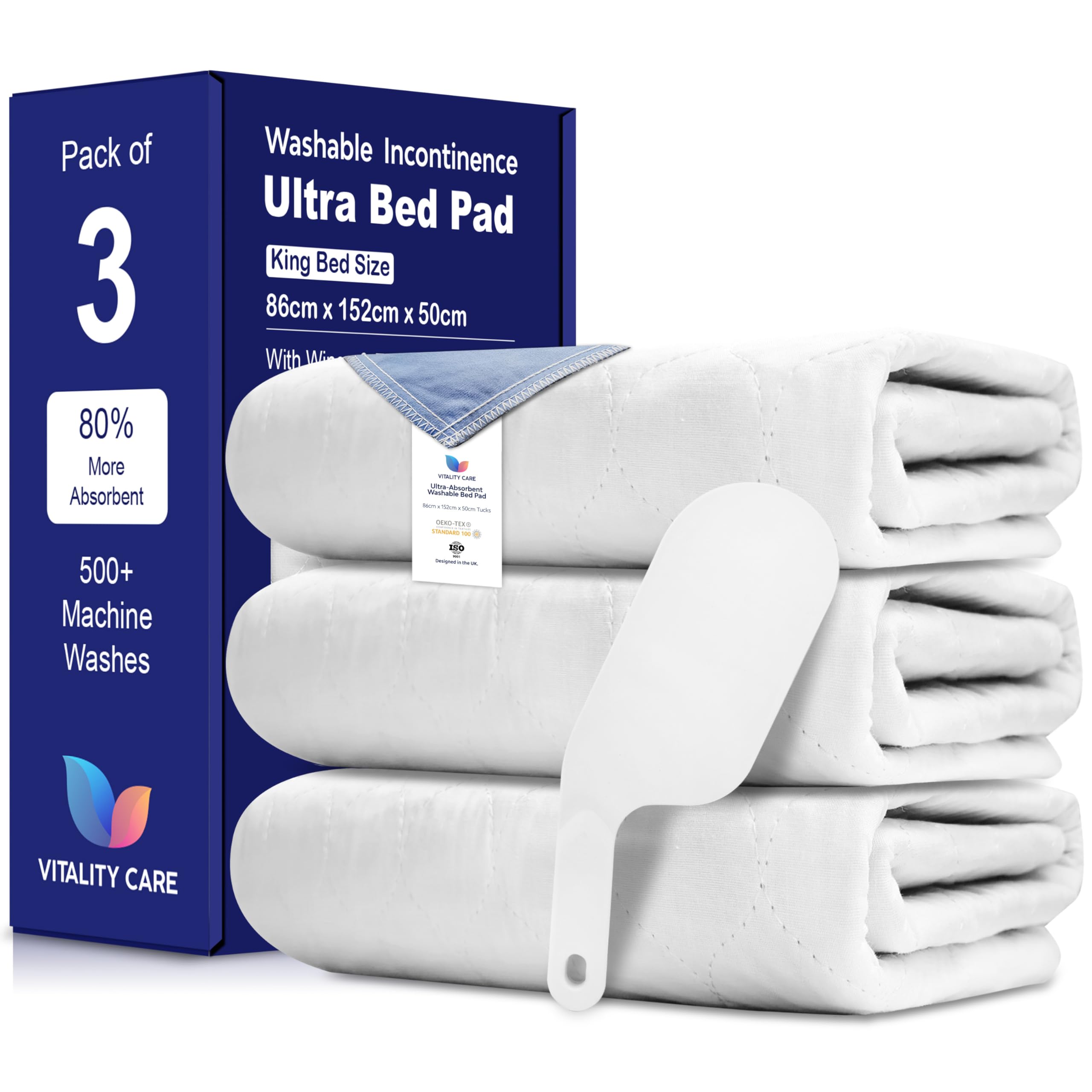 Vitality Care (3X King Bed 86X152cm) Washable Incontinence Bed Pads With Tucks For Adults & Kids - 100% Waterproof Reusable Mattress Protector Underpads