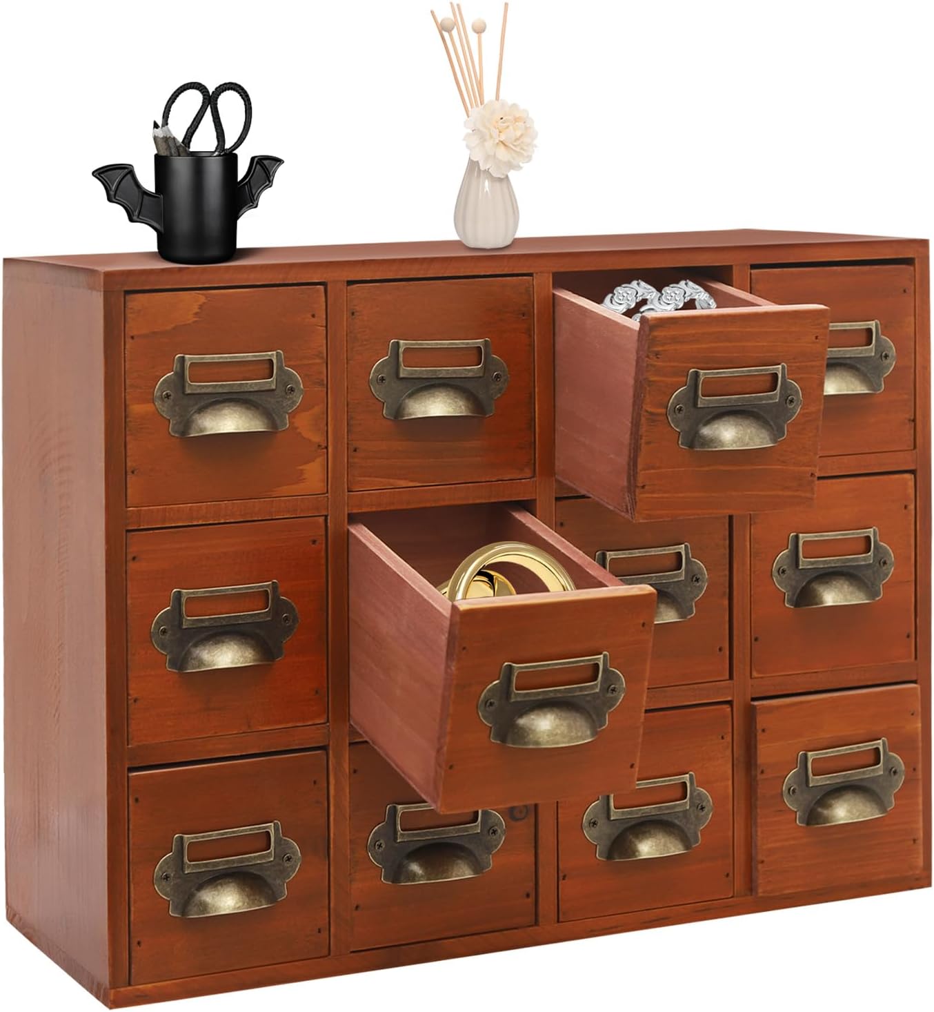 12 Drawers Apothecary Cabinet Library Card Catalog Cabinet Card Catalog Drawer W/Handles & Label Slot Wooden Desk Drawer Organizer For Herb &Tea Storage (Brown)