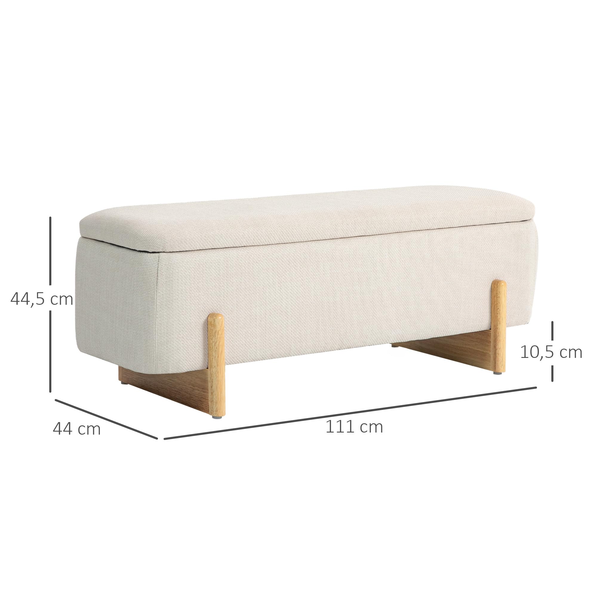 HOMCOM Panca con vano portaoggetti, panca imbottita effetto lino, cassapanca con cerniera di sicurezza, gambe in legno, per soggiorno, camera da letto, corridoio, 111 x 44 x 44,5 cm, bianco crema