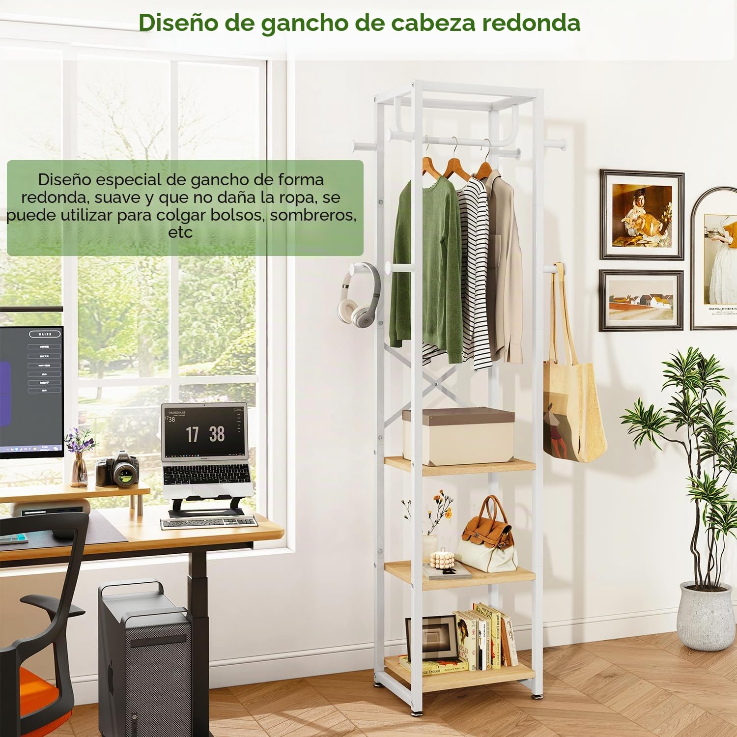 IBUYKE Perchero, Perchero independiente con 3 estantes y 8 ganchos, Perchero industrial de ropa para entrada, pasillo, dormitorio, 180 x 40 x 30 cm, color natural y blanco TMJ088R