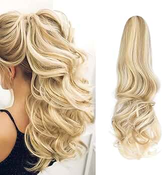 Ponytail Extension Clip in Claw 18" Curly Wavy Pony Tails Clip-on Long Hairpiece Jaw for Women Ash Blonde Mix Light Bleach Blonde