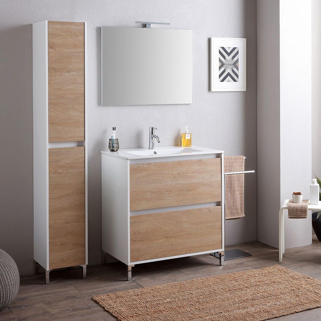 Kiamami Valentina - Mobile Bagno A Terra Da 80Cm Bianco Con Lavabo E Cassetti Rovere | Laguna
