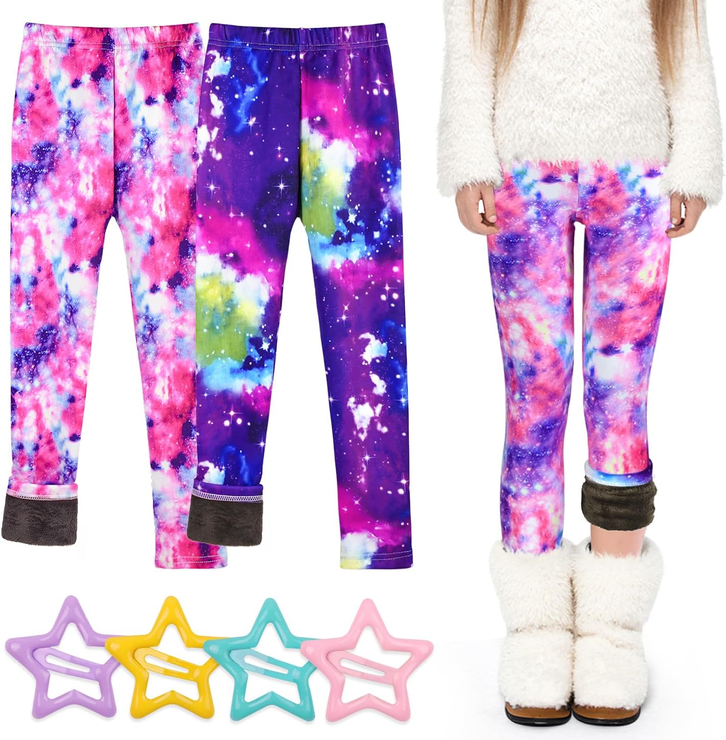 2 Pack Girls Fleece Lined Leggings – Warm Stretchy Winter Pants for School & Outdoor Play, Size 4-10 Years