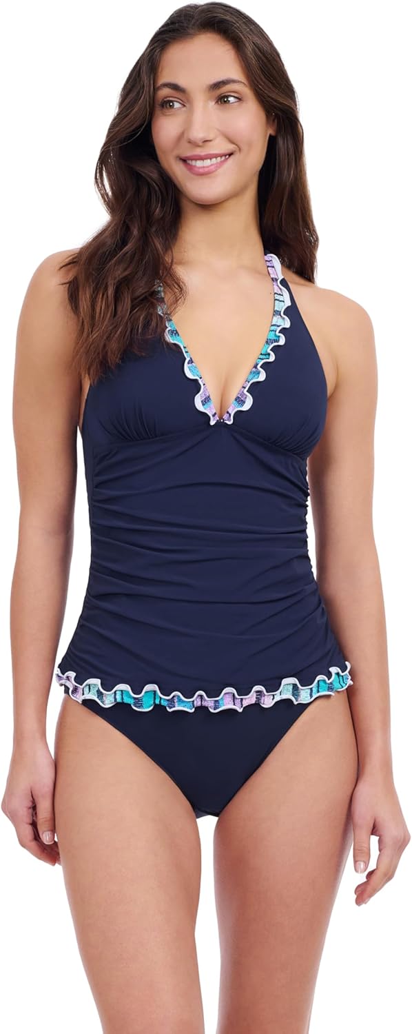 Profile by Gottex Harmony Blue Women’s Ruffle Trim Halter Tankini Bathing Suit Top Swim Essential - Stylish Beachwear