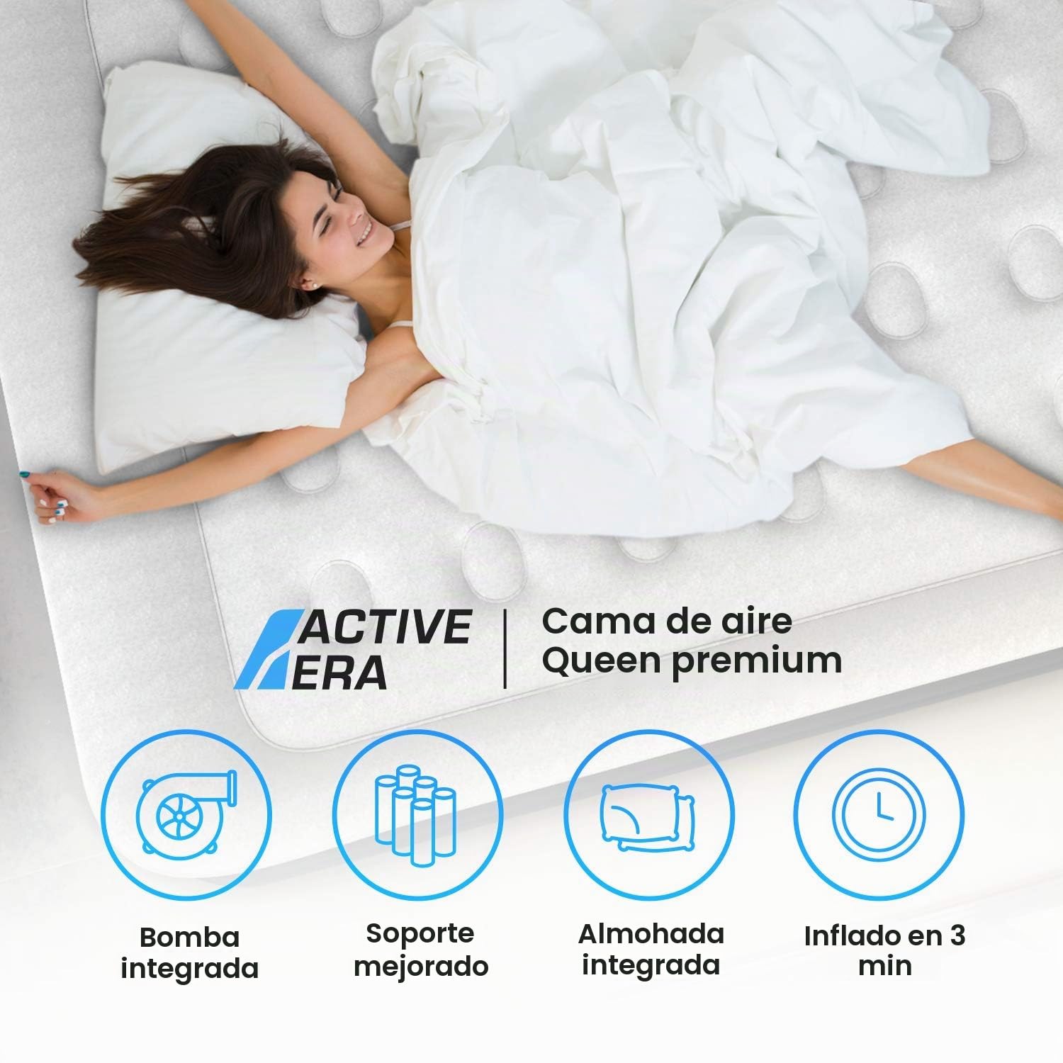 Active Era - Colchón inflable queen size con bomba eléctrica incorporada, almohada elevada y material impermeable resistente y a prueba de pinchazos