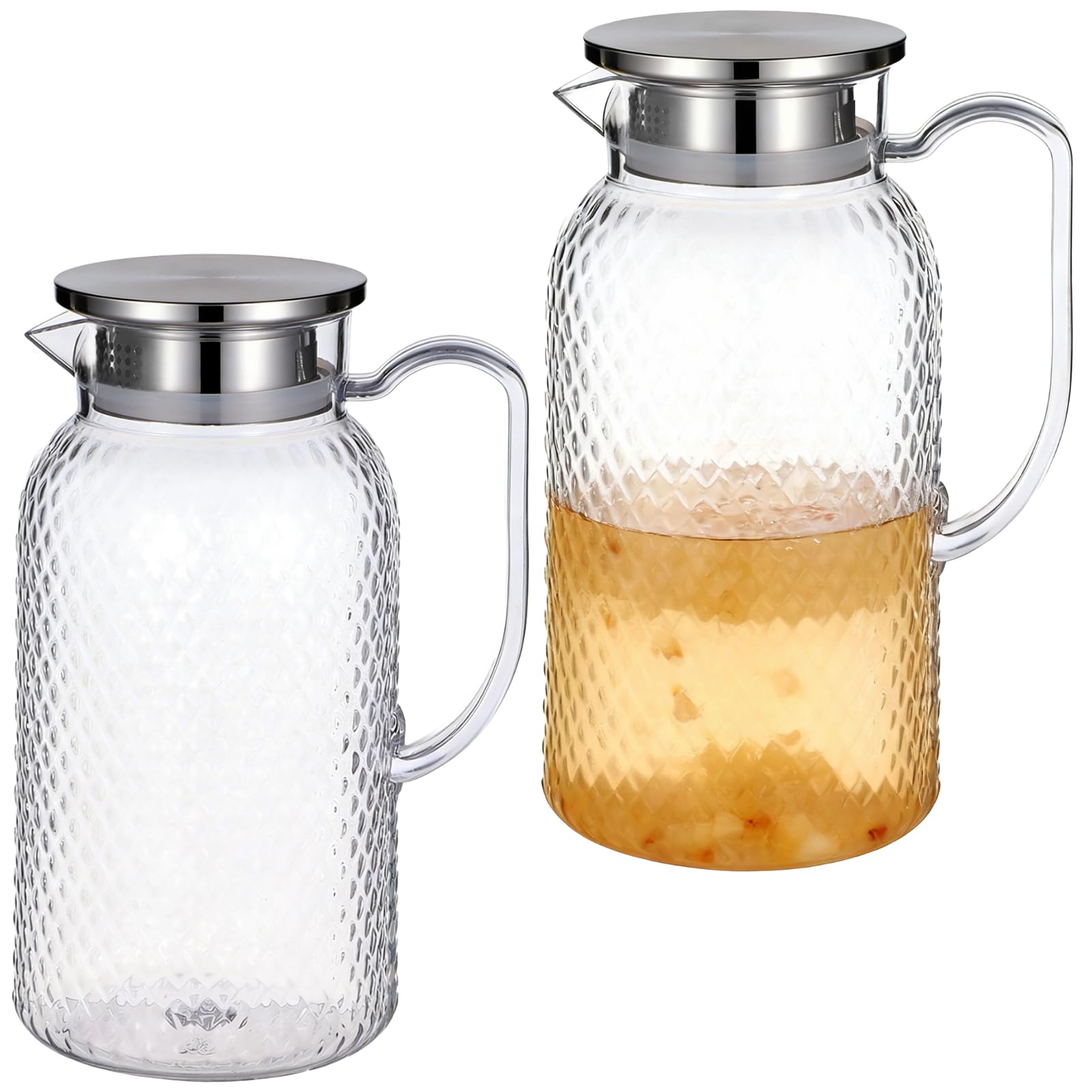 2 Stk. 1,8 L Wasserkaraffen, durchsichtiger Krug mit Edelstahldeckel und Siebeinsatz, Kühlschrank-Getränkekanne für Eistee Saft Sangria Limonade Kaffee, hitzebeständig mit ergonomischem Griff