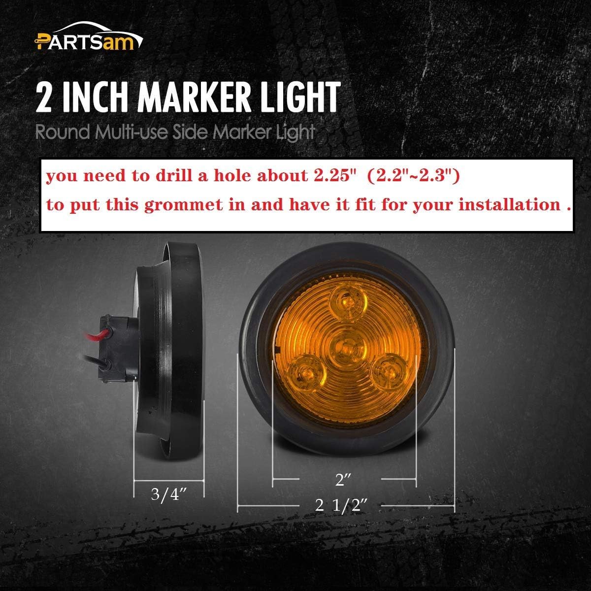 Partsam 12Pack(5 Amber + 7 Red) 2" Led Round Side Marker Light Grommet Flush Mount 4LED, Sealed 2 Round led Marker Lights Truck Trailer with Reflex Lens, IP67 Waterproof