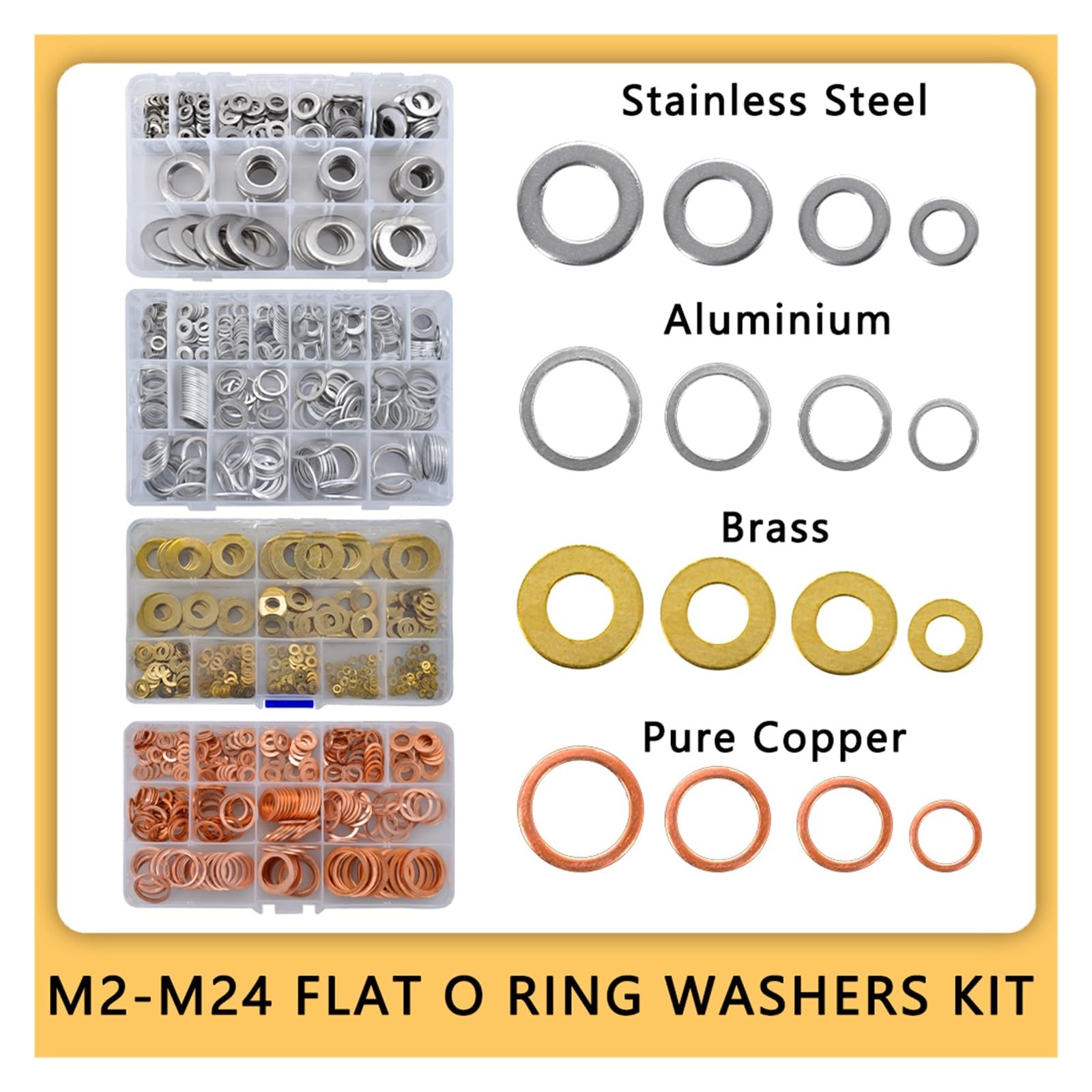 Flache Kupfer-Unterlegscheiben M2 M3 M4 M5 M6 M8 M10 M12 M14 M16 M18 M20 M22 M24 Messing Kupfer Edelstahl Aluminium flache Unterlegscheiben Dichtungen Abstandshalter Kit