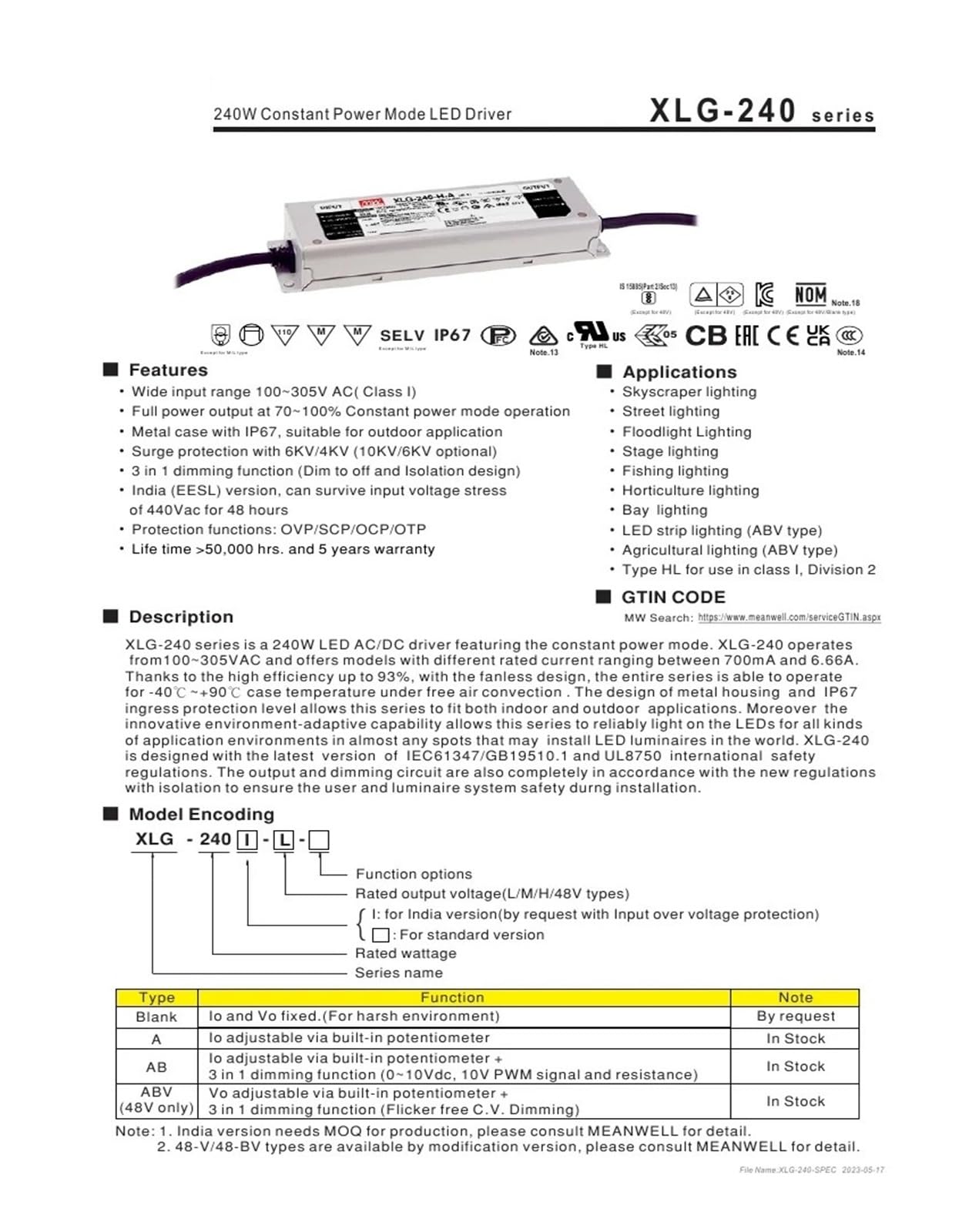 XLG-240-LA XLG-240-L-AB XLG-240-MA XLG-240-M-AB XLG-240-HA XLG-240-H-AB Driver in modalità di Potenza costante IP67(XLG-240-H-A)