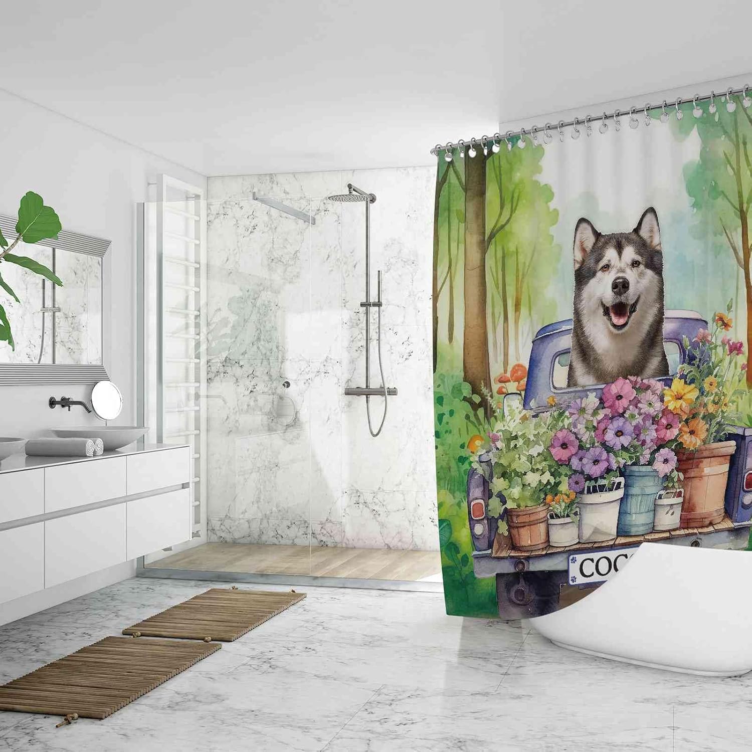 Custom German Shepherd Dog Flowers Spring Summer Shower Curtain Funny Dog Drive a Truck in Forest Bath Curtain Bathroom Home Decor 72x72 Inch