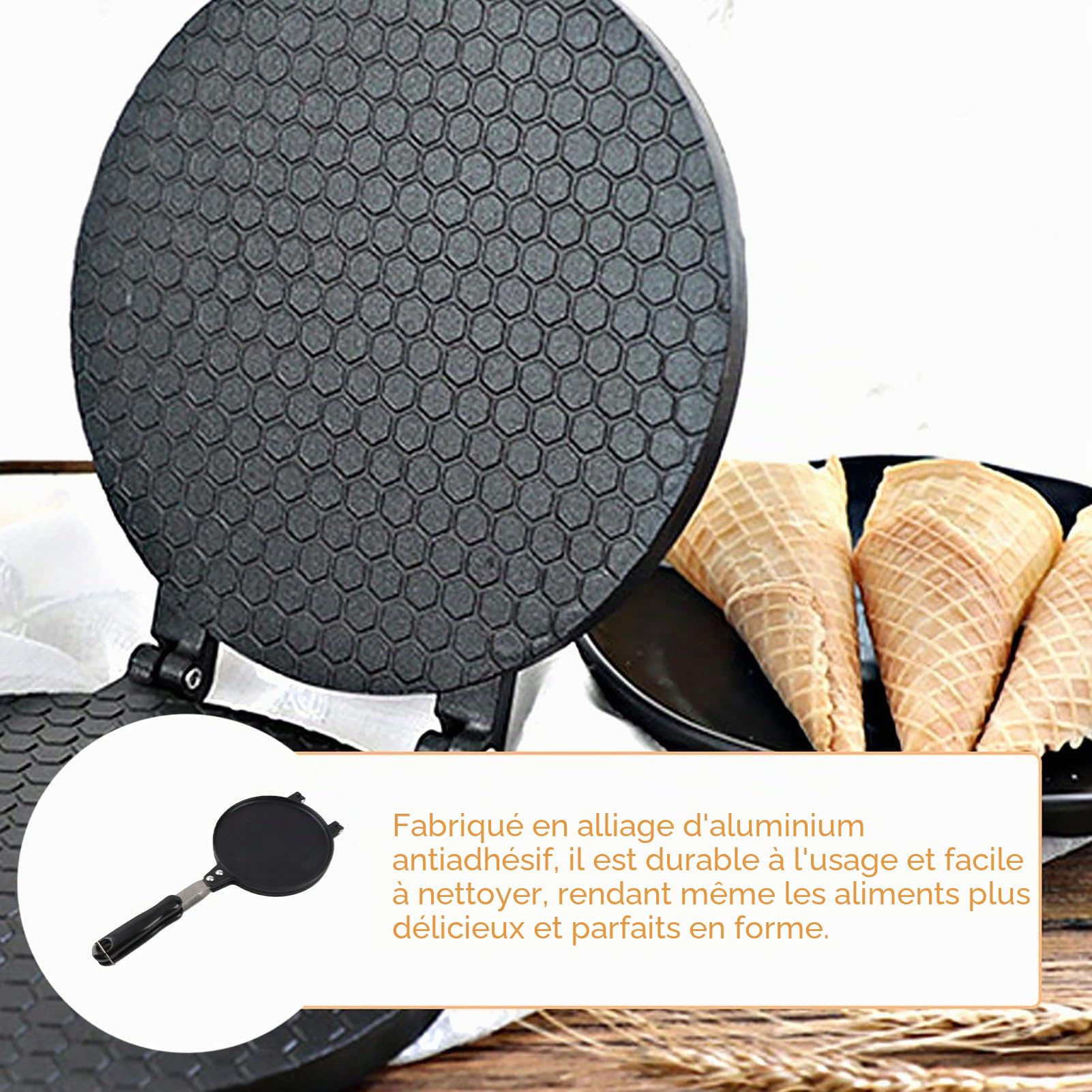 Gaufrier de Cornet, Cône de Gaufres Antiadhésif à Gaz Cuisinière Gaufrier de Cornet en Aluminium Moule Outil de Cuisson de Pain d'Oeufs de Baker.
