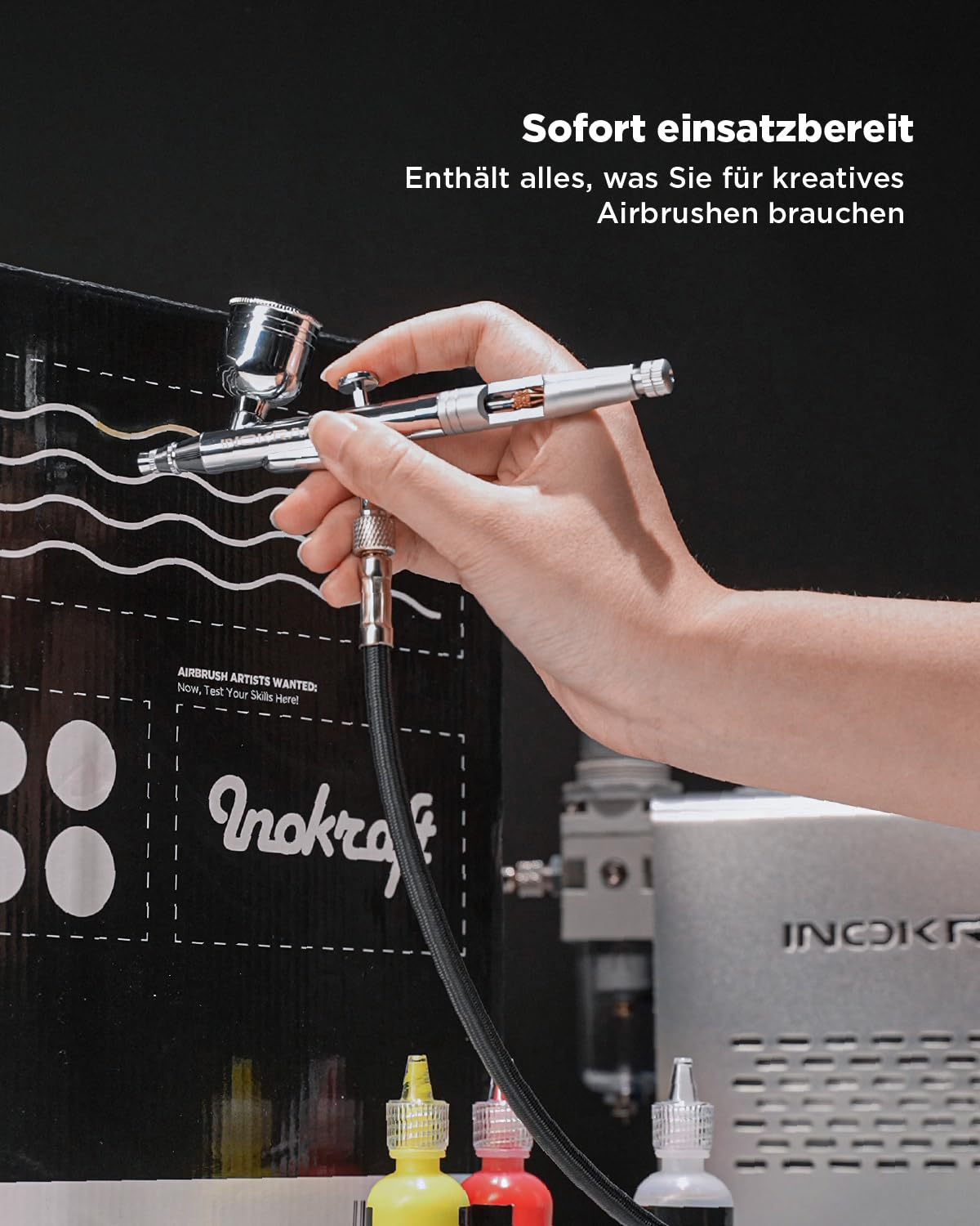 InoKraft Airbrush-Set mit Kompressor 1/6 HP leiser Luftkompressor, 3 Düsen 0,2 0,3 0,5 mm, Airbrushpistole, Schlauch, Halter, Anleitung, 4 Farben