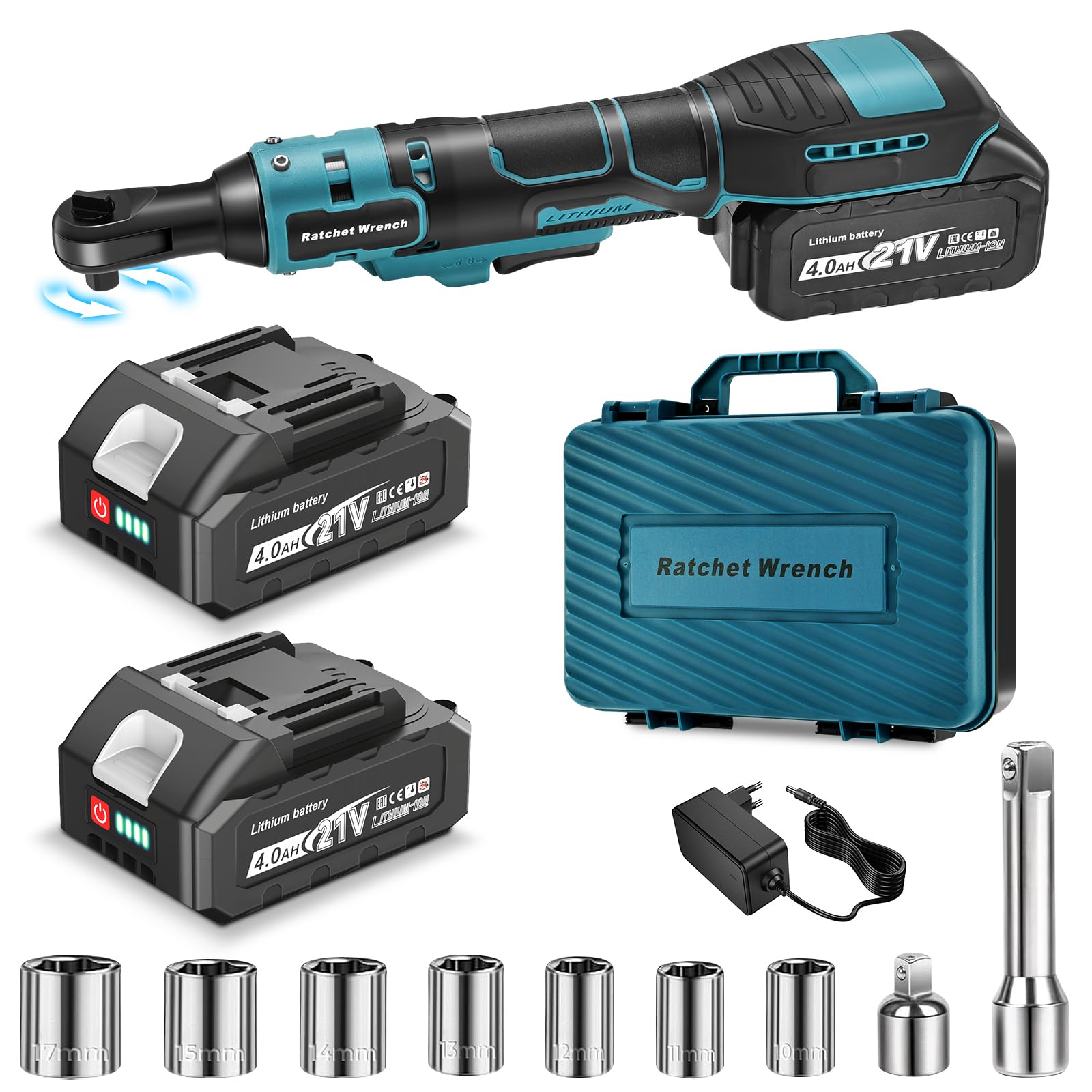 Yofuly Llave de Carraca para Makita 18 V 21V, 2 × 4000 mAh Baterías, Extendida Carraca Electrica 3/8" 60 Nm, 320 RPM Llave de Trinquete con 9 Llaves de Vaso, Disparador de Velocidad Variable