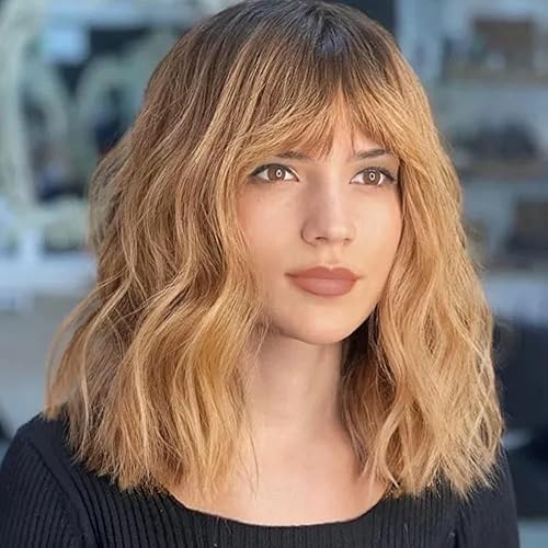 SEVENCOLORS Short Blonde Wavy Wigs for Women Medium Length Curly Bob Wigs with Bangs Party Cosplay Costume Synthetic Hair Ombre Blonde Wigs